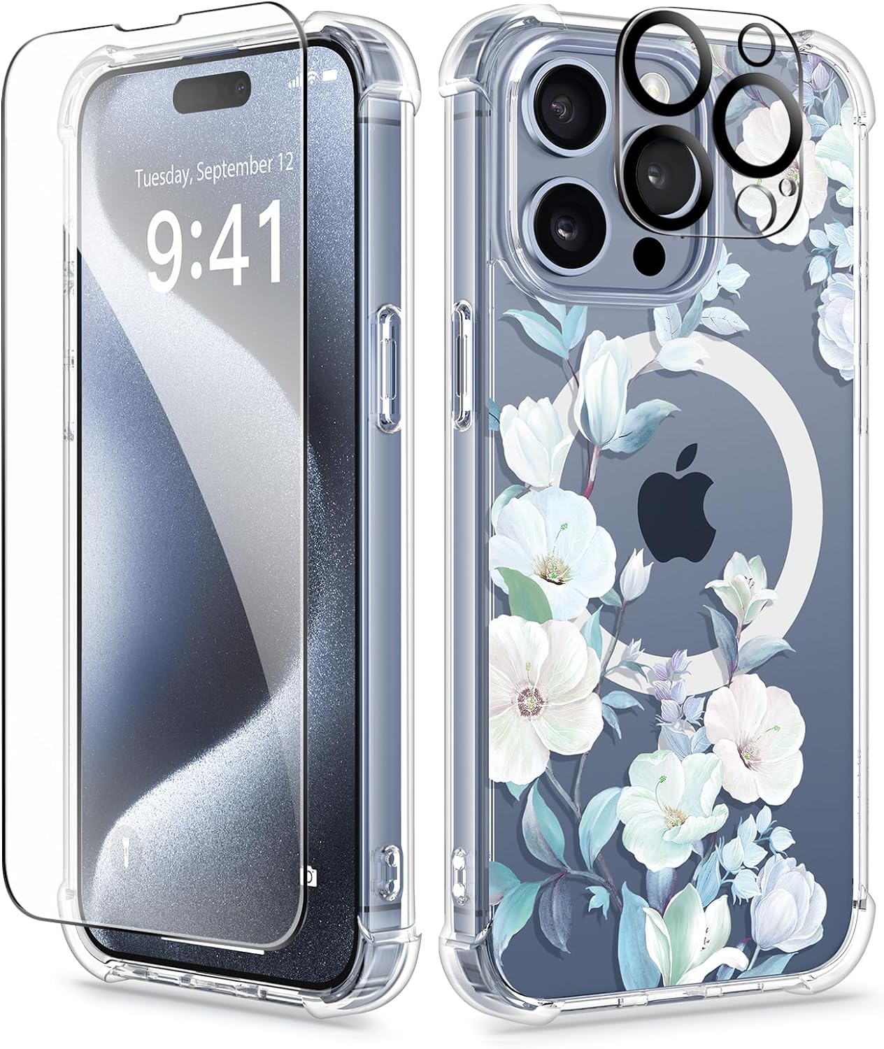 GVIEWIN Magnetic for iPhone 15 Pro Max Case with Screen Protector + Camera Protector, [Compatible with MagSafe] [10FT Drop Protection] Clear Floral Phone Cover Women for 15 ProMax (Hibiscus)