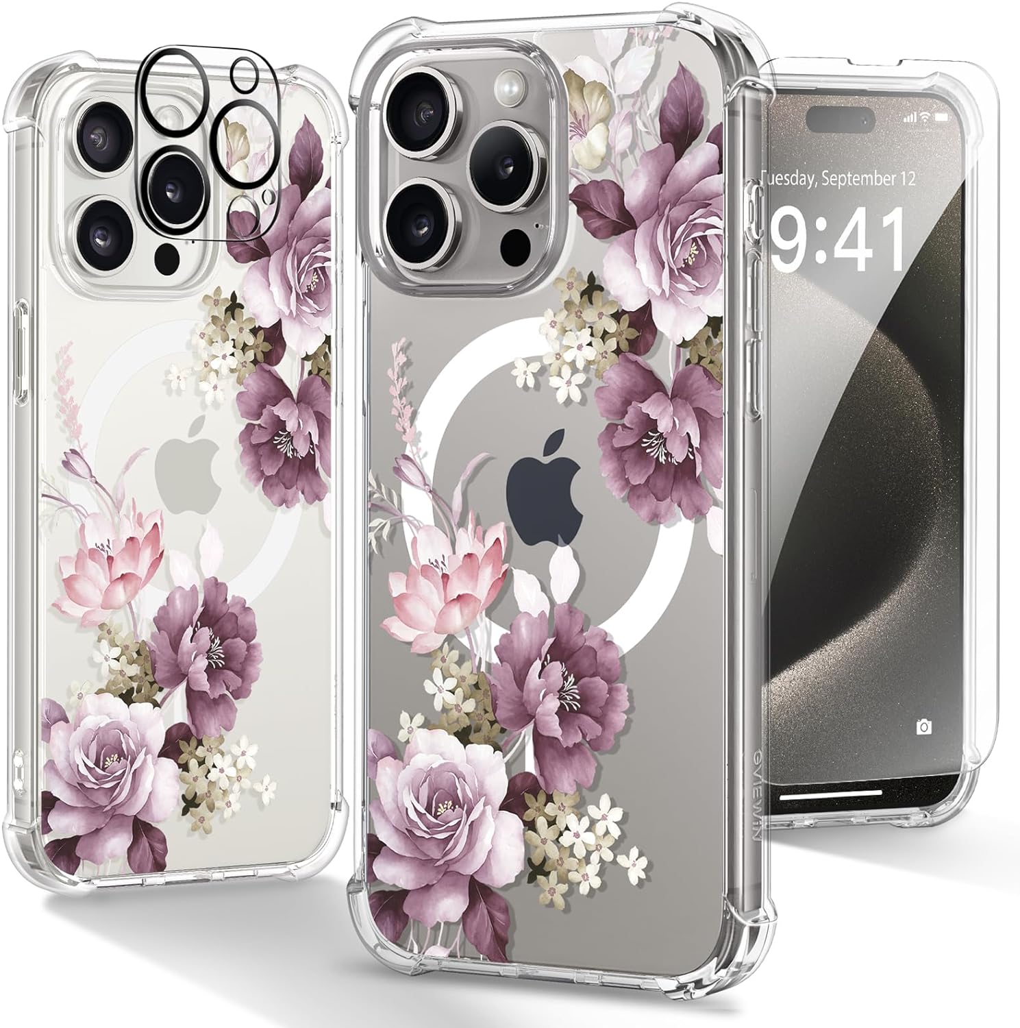 GVIEWIN Magnetic for iPhone 15 Pro Case 6.1, Screen Protector+Camera Lens Protector, [Compatible with MagSafe] Slim Clear Floral Shockproof Protective Women Phone Cover (Cherry Blossoms/Purple)