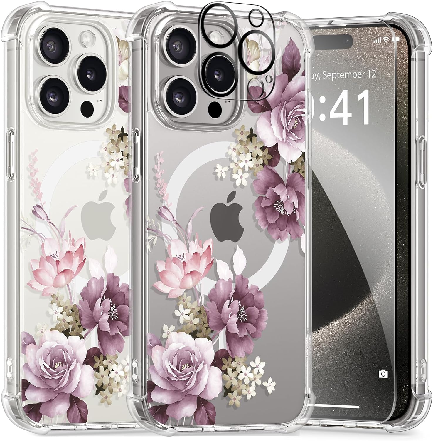 GVIEWIN Magnetic for iPhone 15 Pro Max Case with Screen Protector + Camera Protector, [Compatible with MagSafe] [10FT Drop Protection] Clear Floral Phone Cover Women for 15 ProMax (Cherry Blossoms)