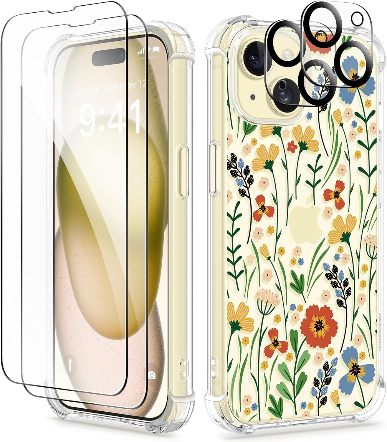 GVIEWIN for iPhone 15 Case, [5 in 1] with 2X Screen Protector & 2X Camera Lens Protector, Clear Soft Shockproof Slim Fit Floral Phone Cover for Women Girls 2023 6.1 (Blooming Flowerets/Orange)