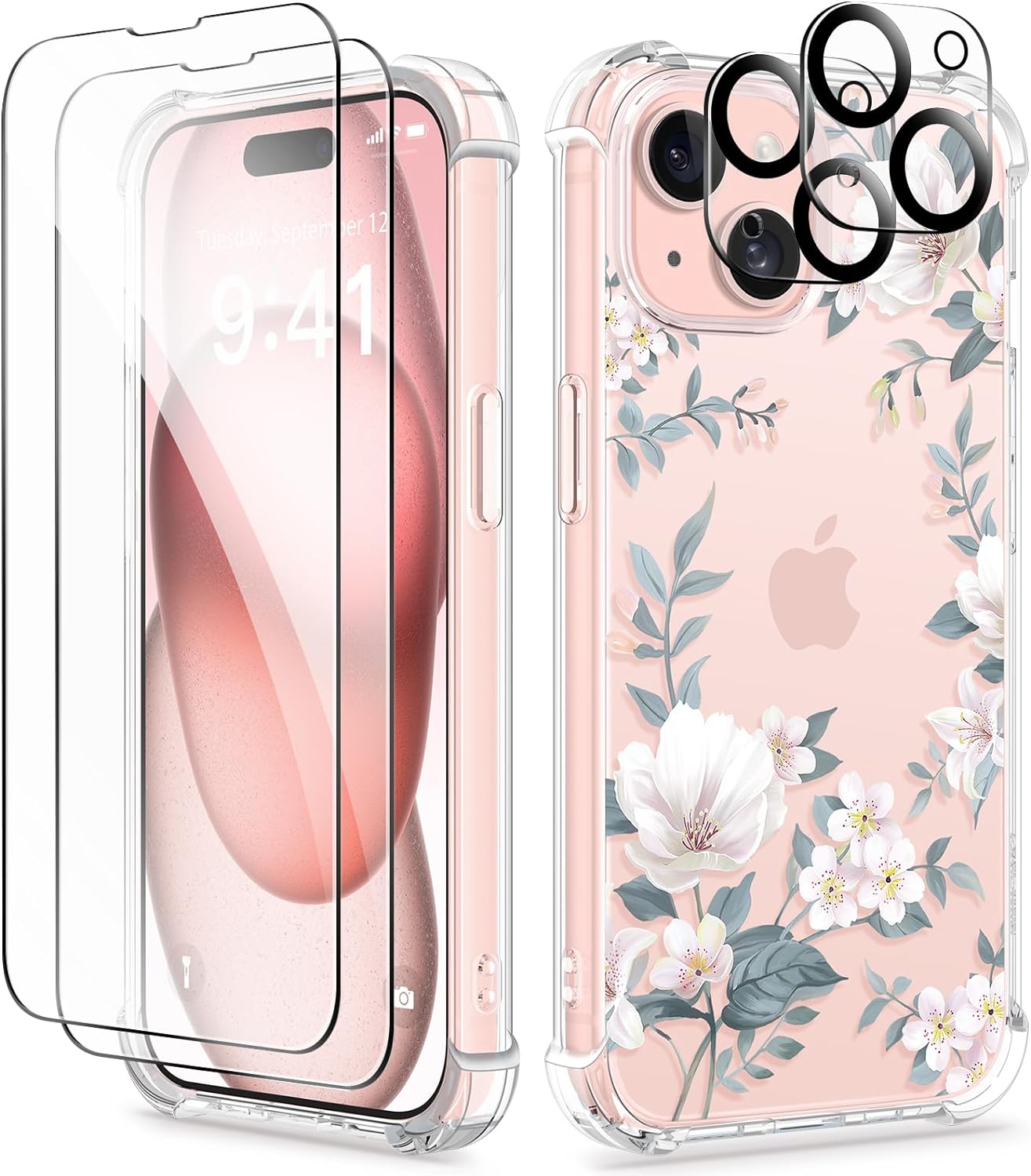 GVIEWIN for iPhone 15 Case, [5 in 1] with 2X Screen Protector & 2X Camera Lens Protector, Clear Soft Shockproof Slim Fit Floral Phone Cover for Women Girls 2023 6.1 (Magnolia/White)