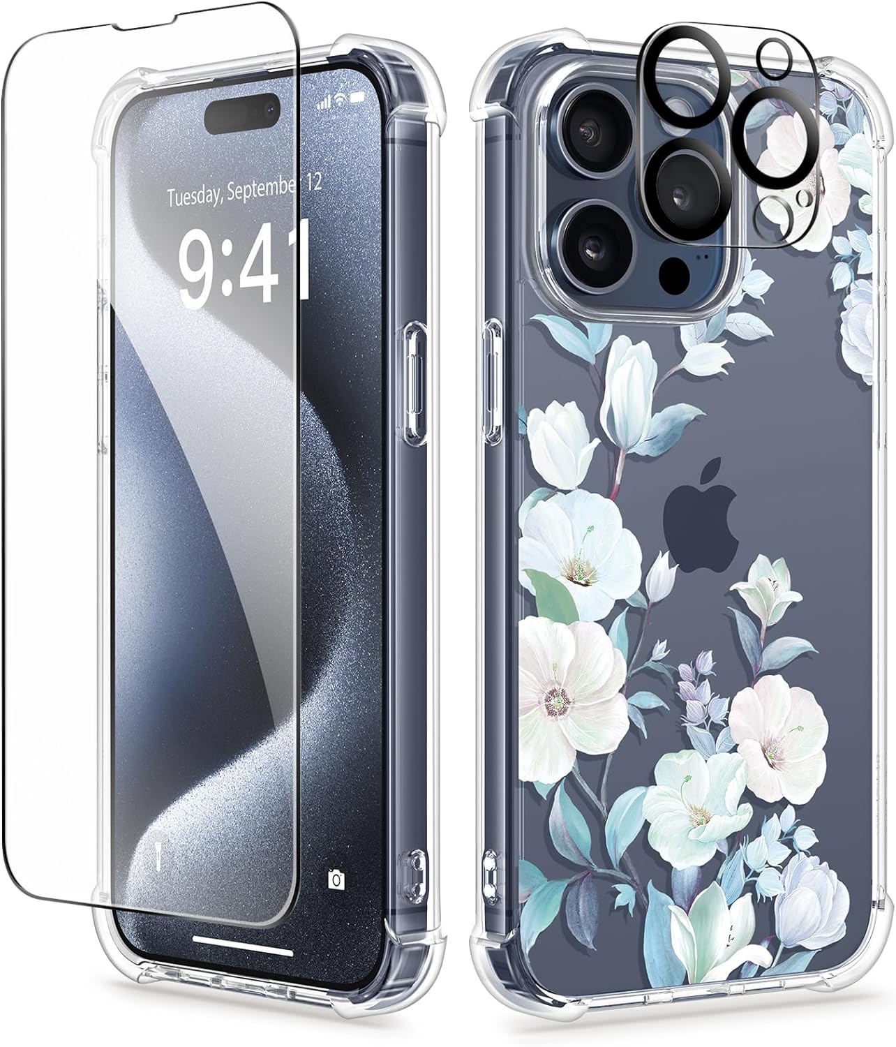 GVIEWIN for iPhone 15 Pro Case Floral, with Screen Protector+Camera Lens Protector, [Not Yellowing] Slim Shockproof Clear Phone Protective Cover for Women, Flower Pattern Design (Hibiscus)