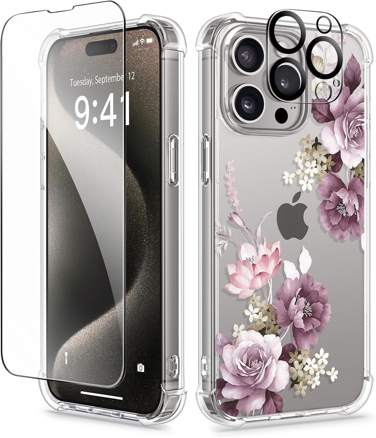 GVIEWIN for iPhone 15 Pro Case Floral, with Screen Protector Camera Lens Protector, [Not Yellowing]Slim Shockproof Clear Phone Protective Cover for Women, Flower Pattern Design(Cherry Blossoms/Purple)