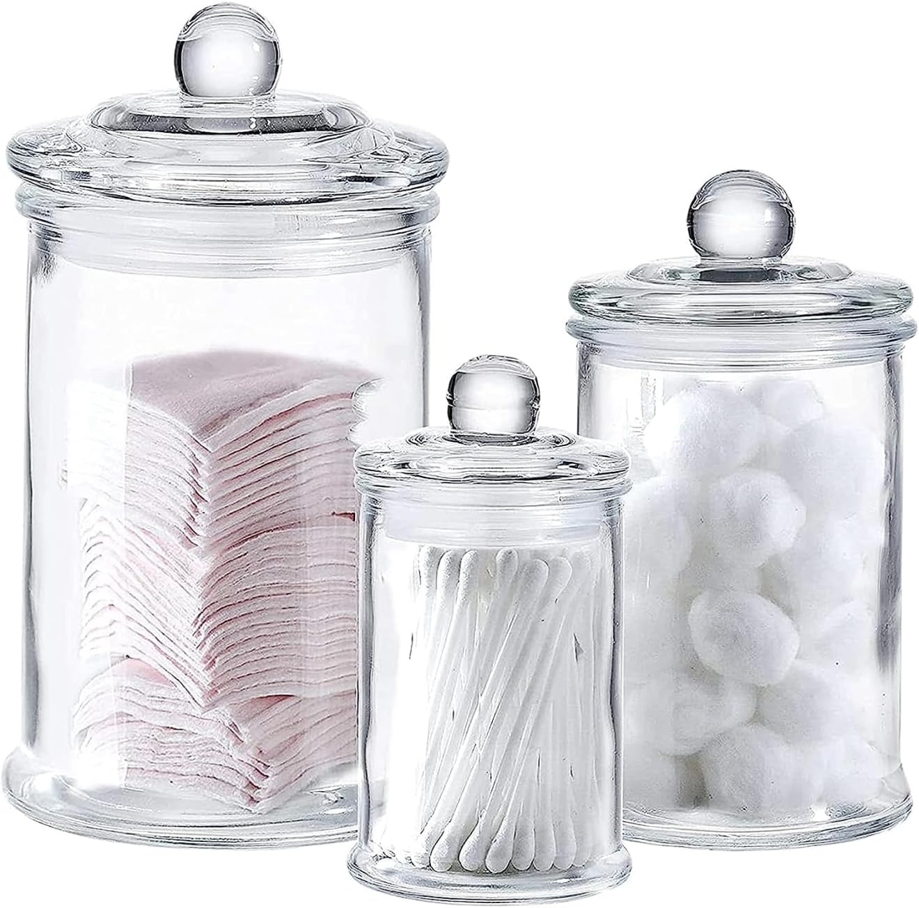 Whole Housewares | Set of 3 Bathroom Canisters - Storage Container Jars - Premium Glass Apothecary Jars with Lids - Small Glass Jars for Kitchen or Bathroom Storage - Decorative Crystal Containers