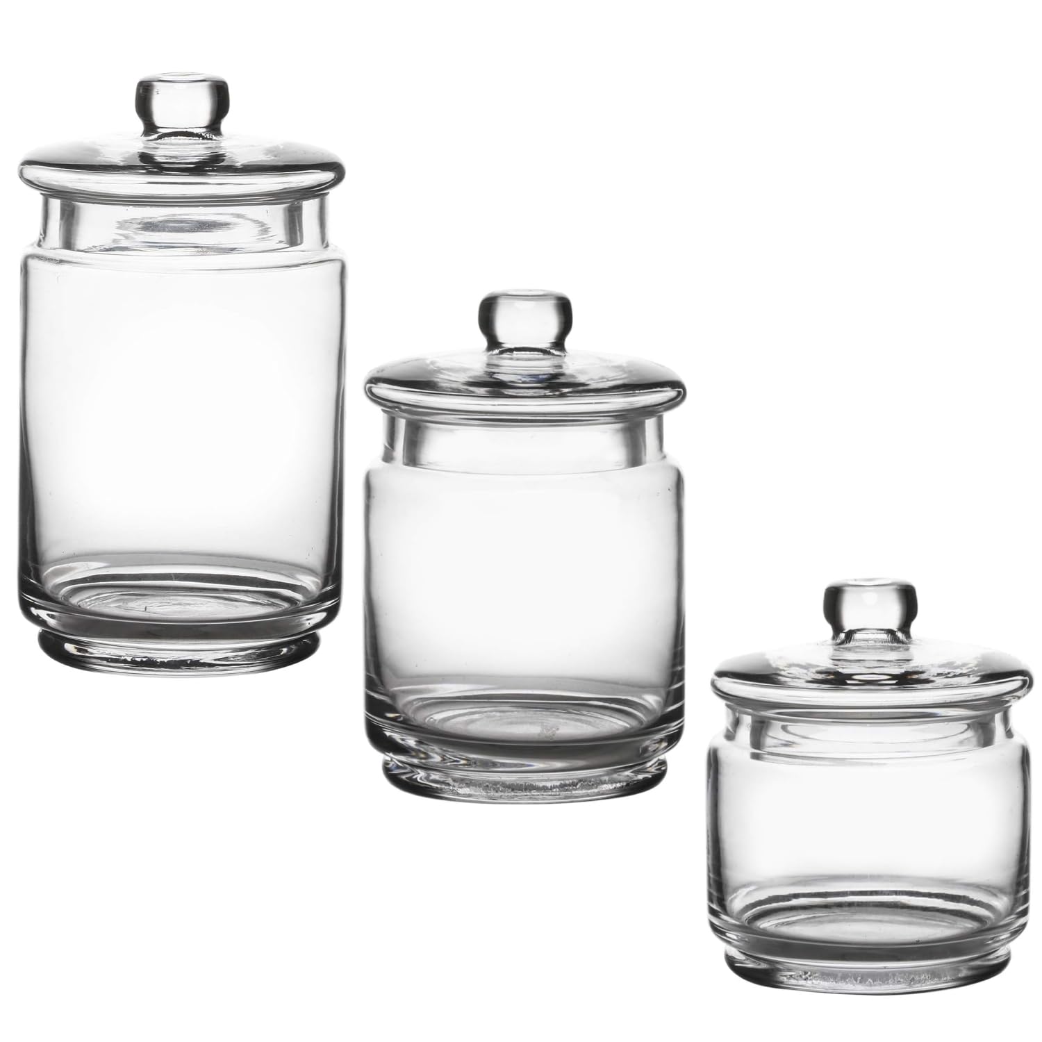 WHOLE HOUSEWARES Glass Apothecary Jars with Lids - Set of 3 for Bathroom Storage, Qtip & Cotton Swab Holder - Perfect for Laundry Room & Makeup Desk Organization, Clear Glass Container Set
