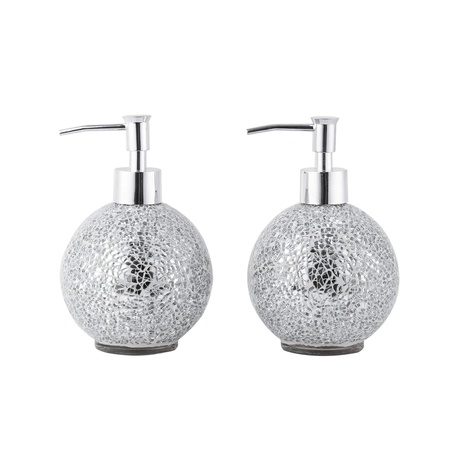 WHOLE HOUSEWARES | Glass Mosaic Hand Soap Dispenser for Bathroom | Lotion Bottle for Kitchen, Bathroom with Chrome Plated Plastic Pump |14 Ounce Set of 2 (Silver)