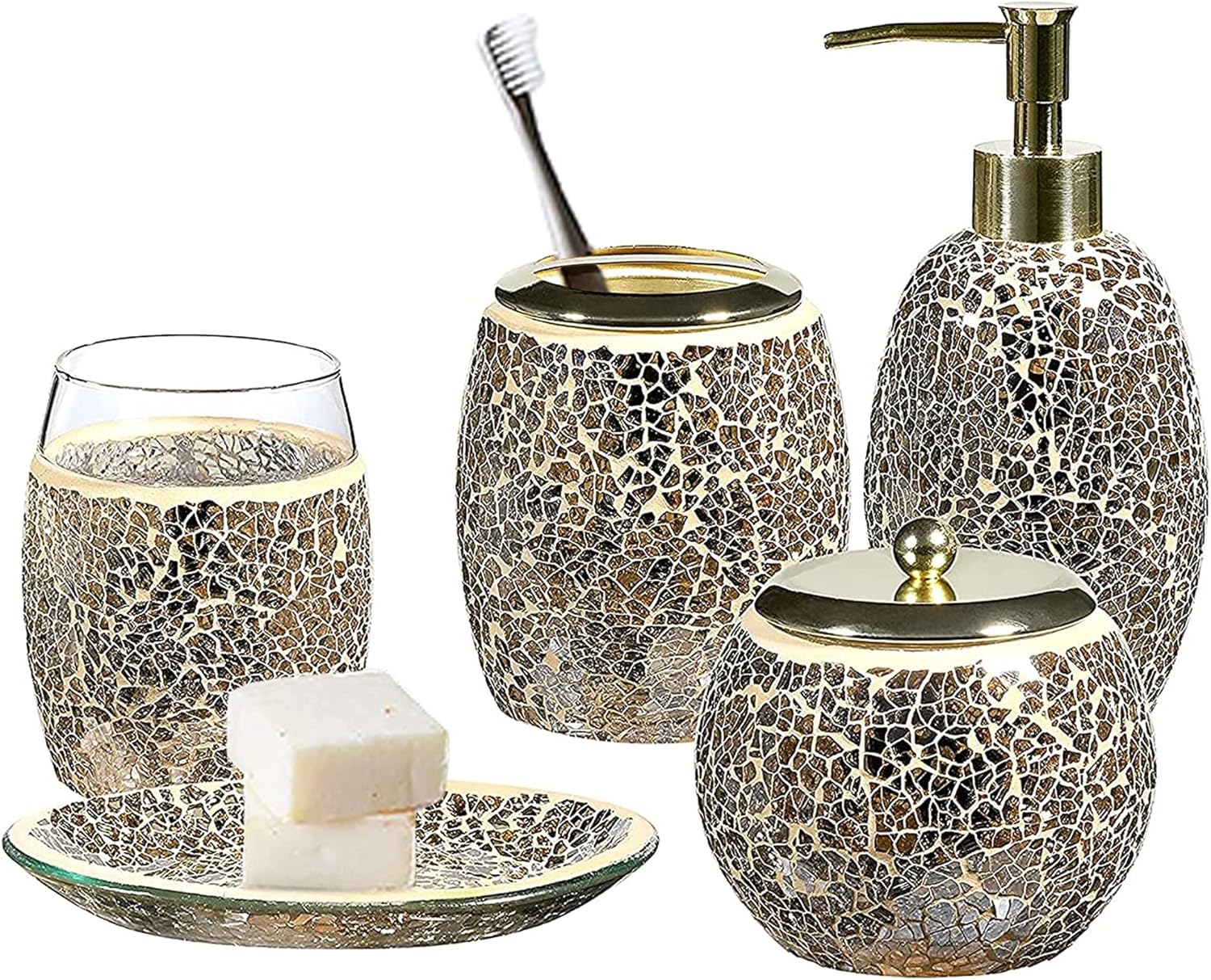 Whole HOUSEWARES | Bathroom Accessory Set | Accesorios de Bao | 5-Piece Decorative Glass Bathroom Accessories Set | Soap Dispenser, Tray, Jar, Toothbrush Holder | Gift Idea | Mosaic Glass (Gold)