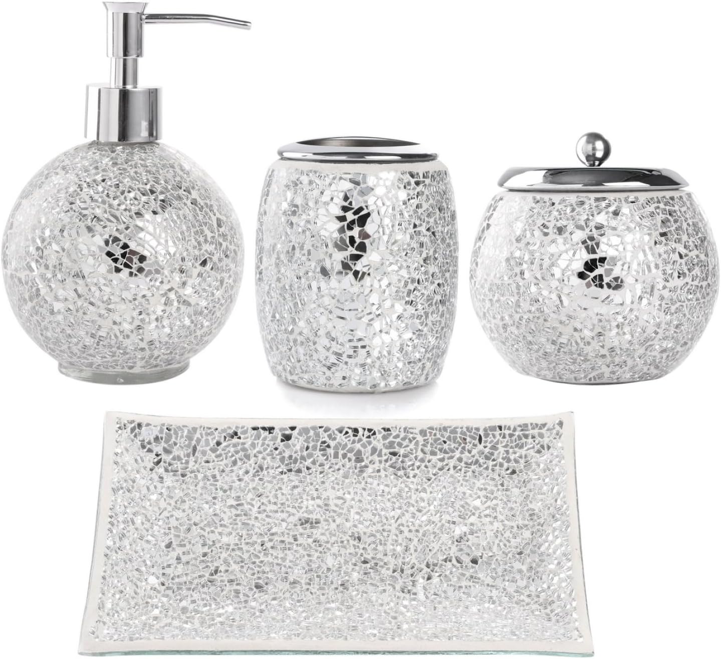 Premium Bathroom Accessory Set | 4-Piece Decorative Glass Bathroom Accessories Set | Soap Dispenser, Tray, Jar, Toothbrush Holder | Gift Idea | Elegant Silver Mosaic Glass (Silver)