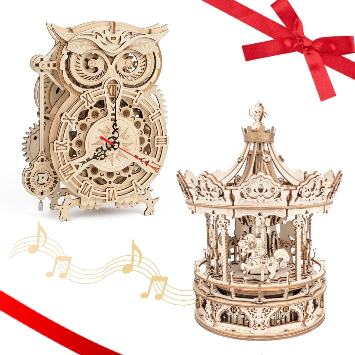 ROKR 3D Wooden Puzzle for Adults Bundle Owl Clock & Merry-go-Round Music Box Model Kits for Family Home Decor