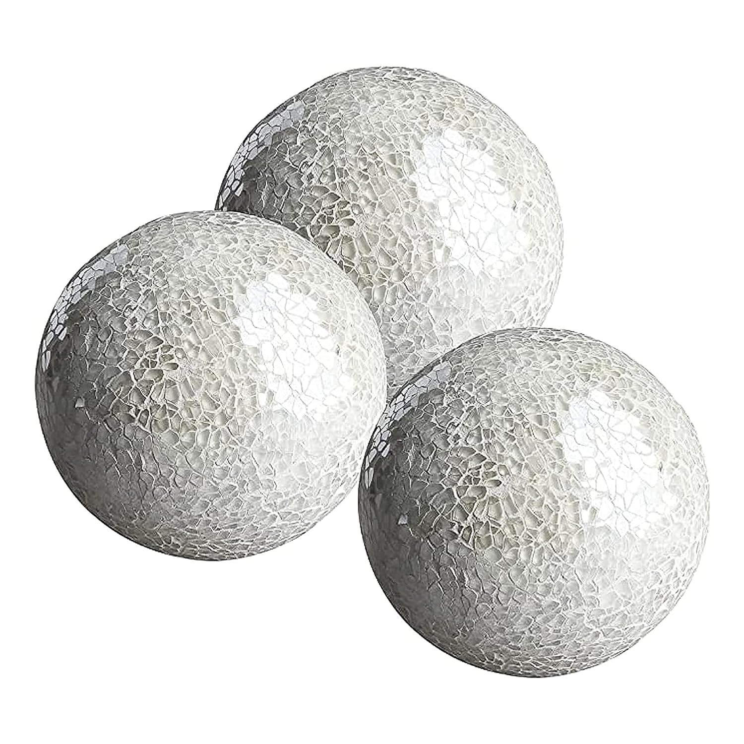 WHOLE HOUSEWARES | Decorative Balls | Set of 3 Glass Mosaic Orbs for Bowls | 4 Diameter | Table Centerpiece | Coffee Table and House Decor (White)