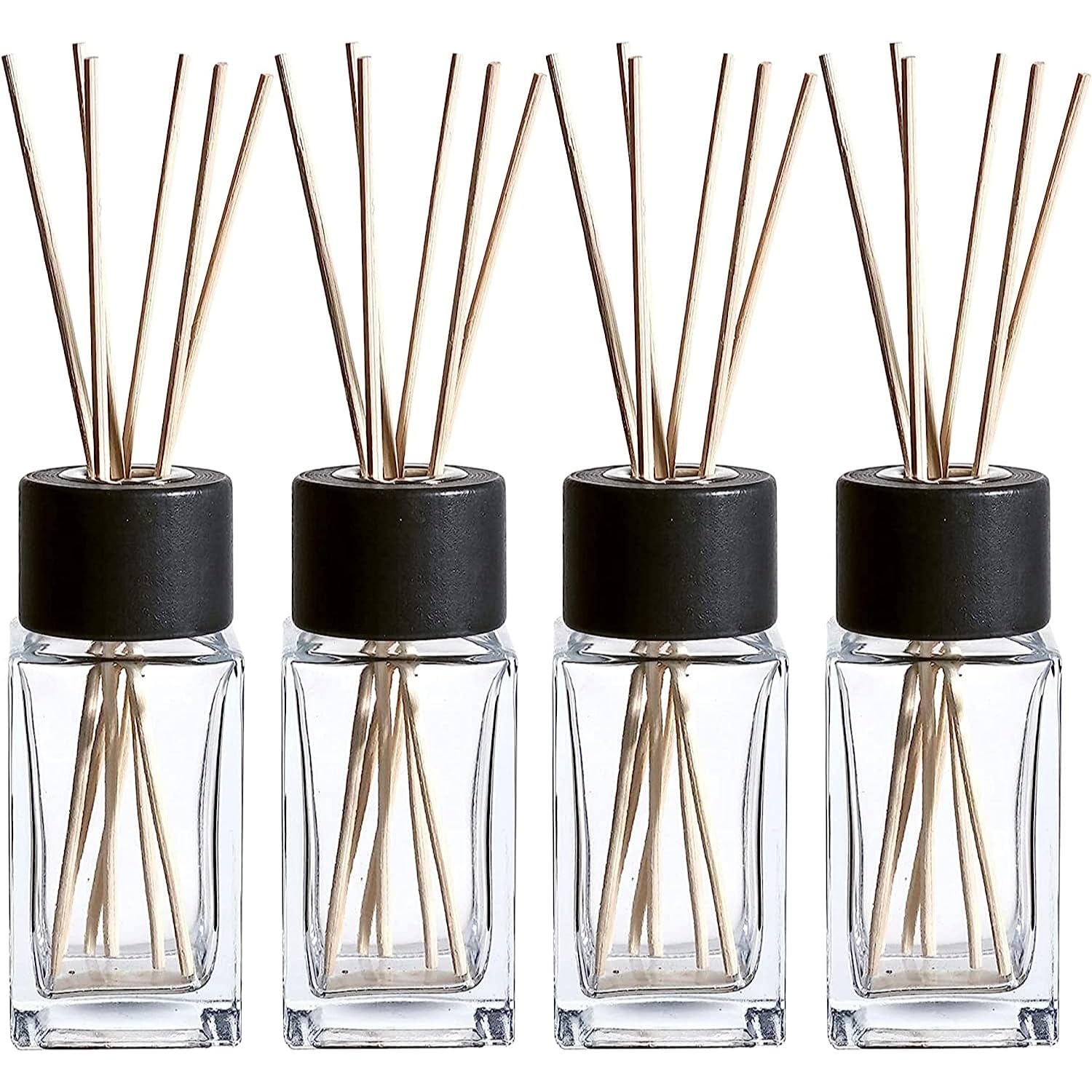 WHOLE HOUSEWARES Natural Diffuser Reeds Bottles Sticks | Clear Glass Home Dcor for Kitchen and Living Room | Black Wood Caps | Dcorative Fragrance Set with Long Lasting Aroma - Set of 4