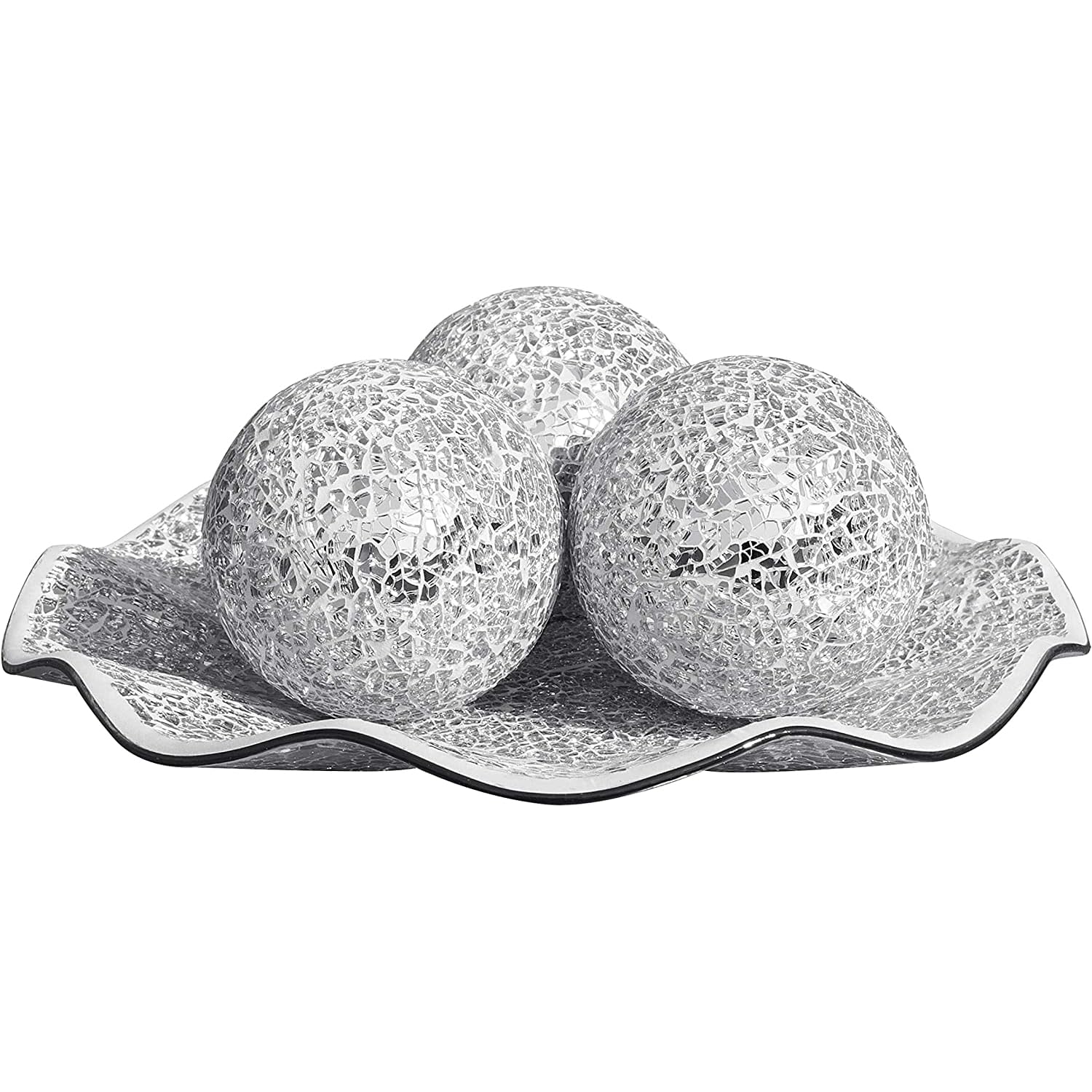 WHOLE HOUSEWARES | 11.5 Glass Mosaic Decorative Tray | Home Dcor Centerpiece | Bowl with 3PCS 3.75 Mosaic Decorative Balls | Table Centerpieces For Dining Room (Silver)