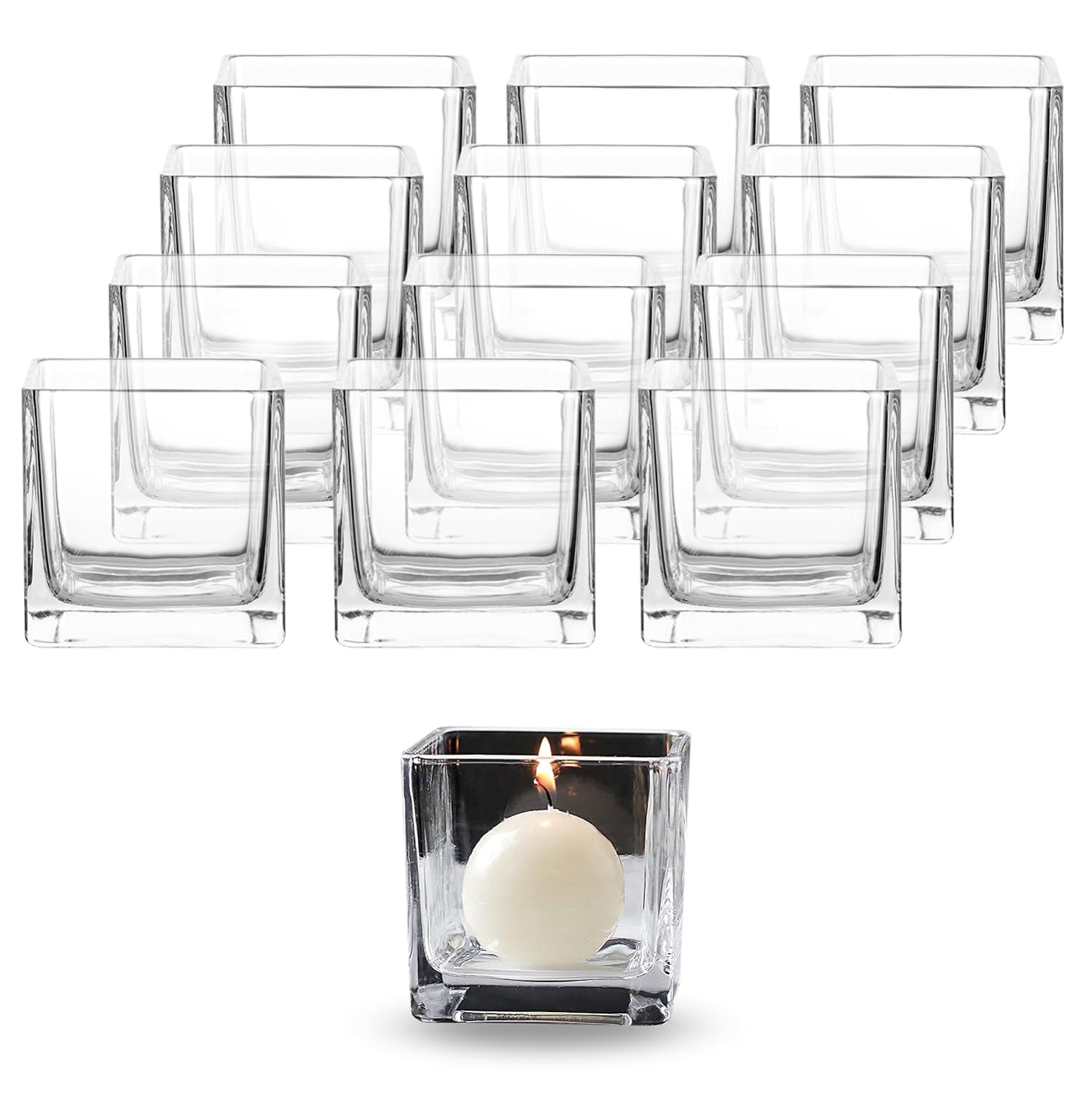 Whole Housewares Small Vases for Centerpieces - 3 Square Clear Glass Vases - 12 Pack Cube Vase for Flowers - Bulk Short Tealight, Candle, Flower Holder - Crystal Clear Squared Vase for Home Office