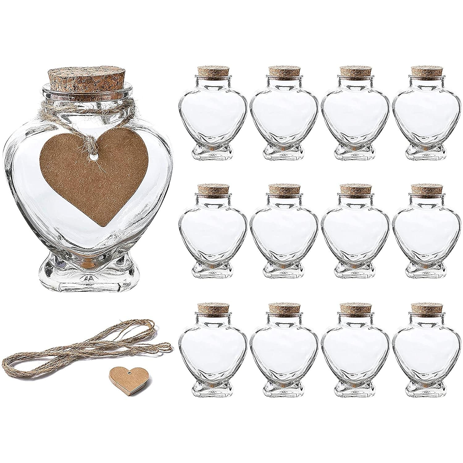 WHOLE HOUSEWARES Heart Shaped Glass Favor Jars with Cork Lids | Set of 12 | 5oz Wish Bottles with Personalized Heart Shaped Label Tags and String (12)