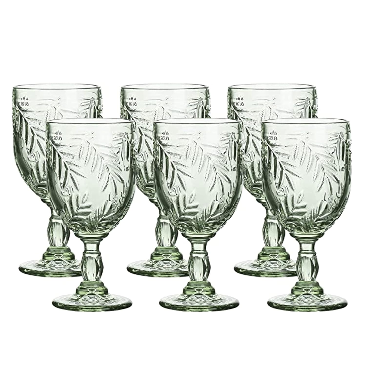WHOLE HOUSEWARES | Coloured Green Vintage Wine Glass Goblet | 8.5 oz Embossed Design | Wedding, Party Glass Set of 6 (Green)