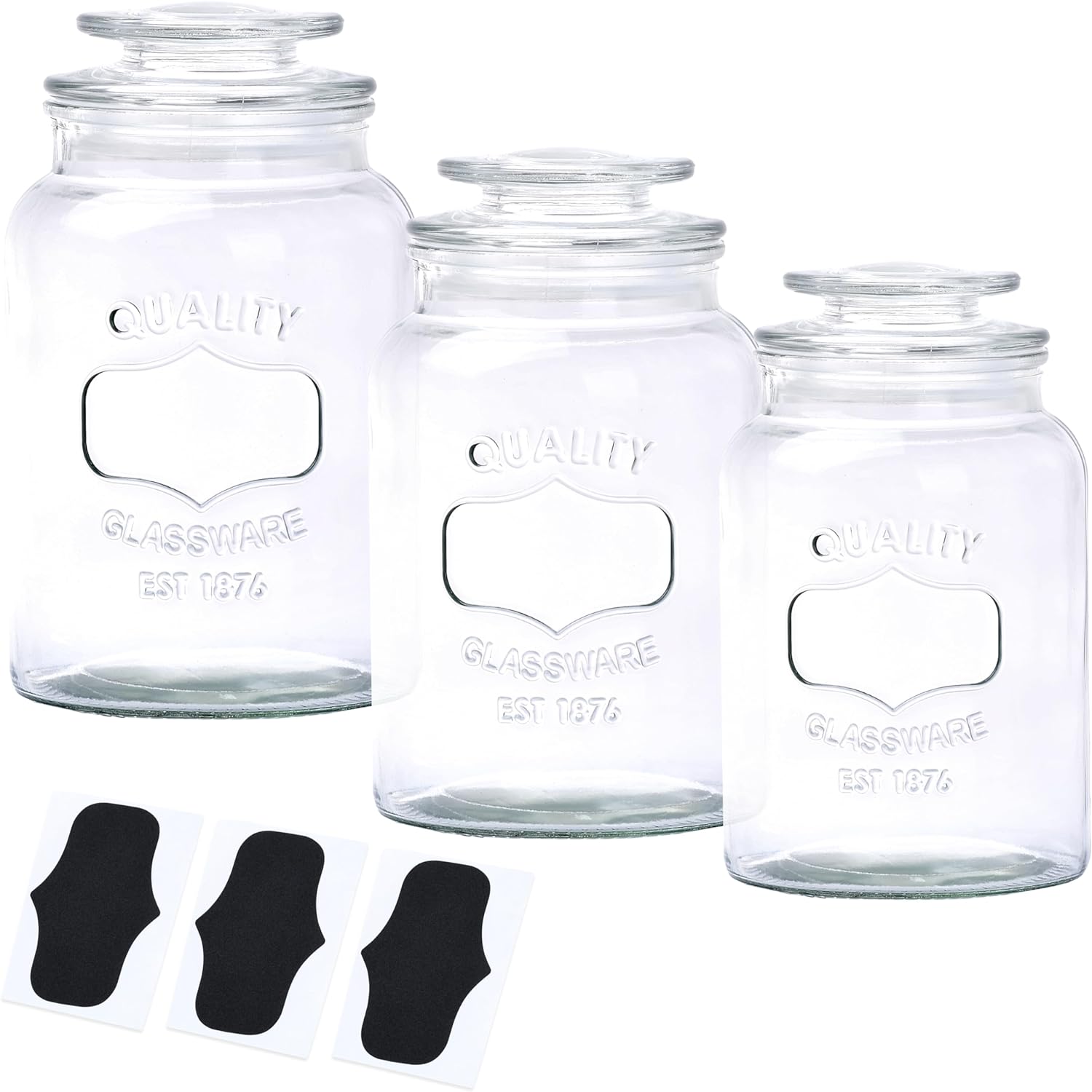 WHOLE HOUSEWARES Glass Jars with Labels, Set of 3 - Canister Sets with Airtight Lids for Candy, Cookie, Flour, Sugar, Coffee - Sealed Food Storage for Pantry - Clear Containers for Kitchen Counter