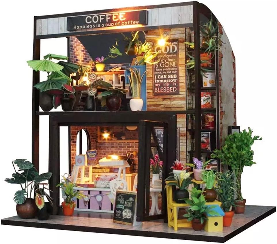 Flever Dollhouse Miniature DIY House Kit Creative Room with Furniture for Romantic Valentine' Gift(Time of Coffee)