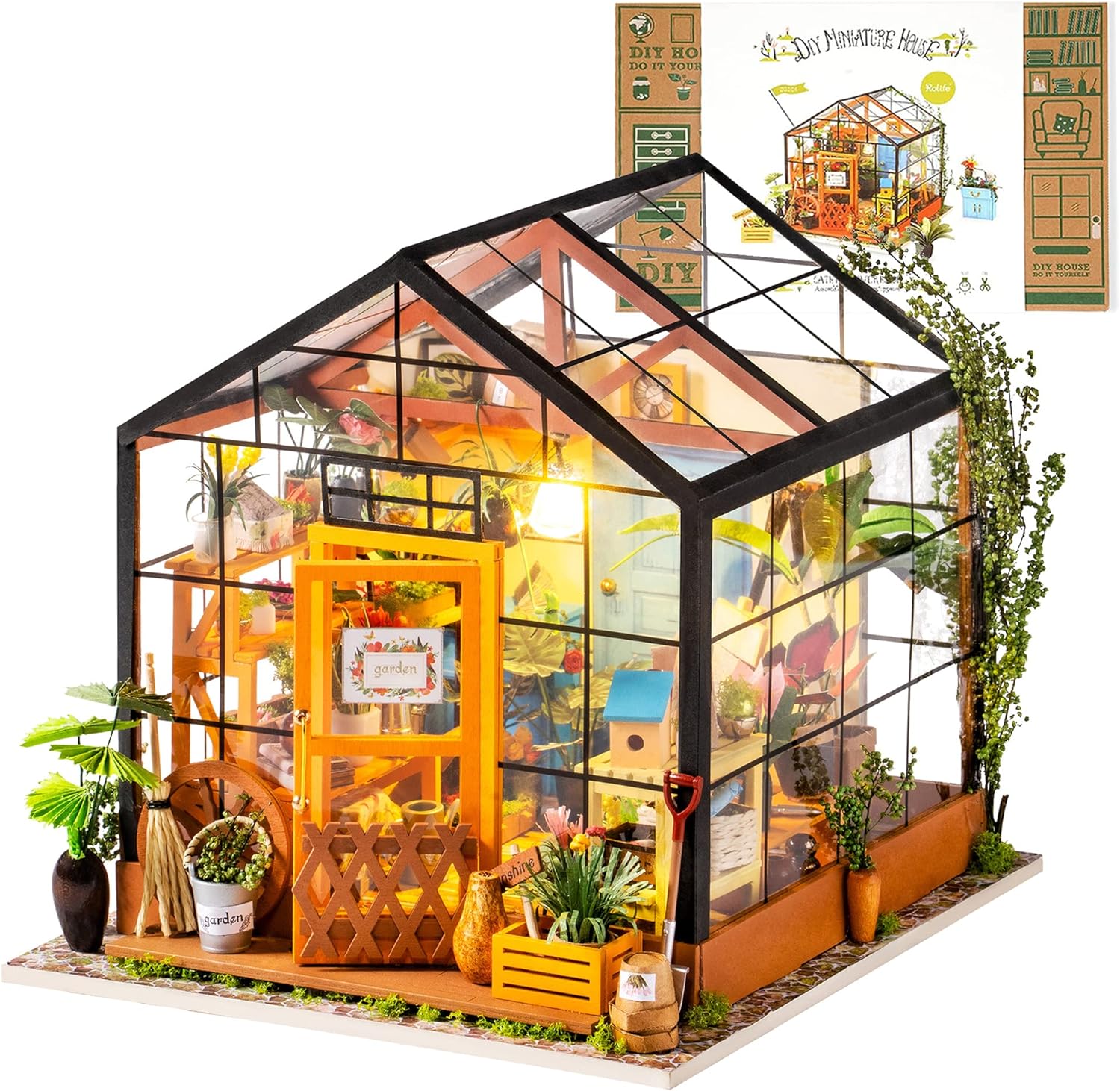 Rolife DIY Miniature Dollhouse Kit,Green House with Furniture and LED,Wooden Dollhouse Kit,Best Birthday and Valentine' Day Gift for Women and Girls