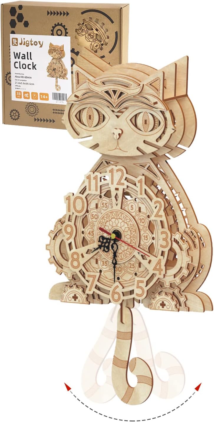 Wooden 3D Puzzles for Adults Model kit Cat Clock Kids Wall Clock Decor for Birthday Gift/Christmas Day