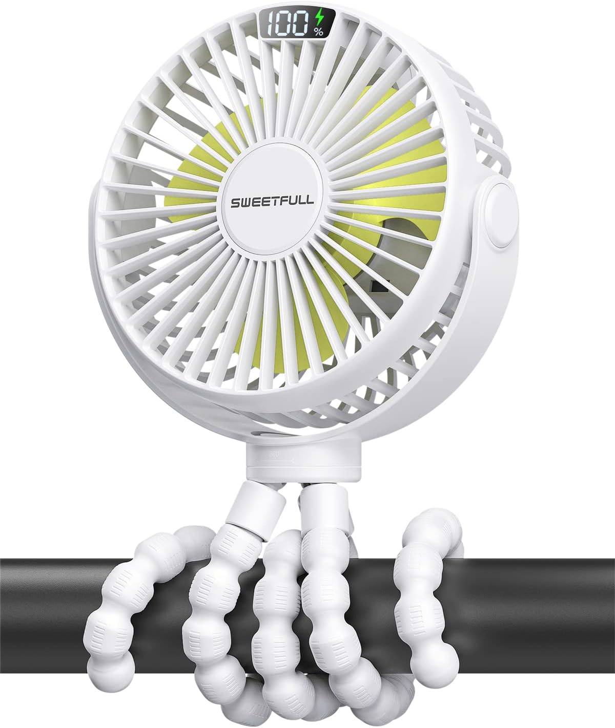 SWEETFULL Portable Stroller Fan, LED Display 6000mAh Battery Operated Mini Clip Fan, 4 Speed Rechargeable Small Personal Fan Handheld Desk Cooling Fan For Car Seat Crib Treadmill Travel(White)