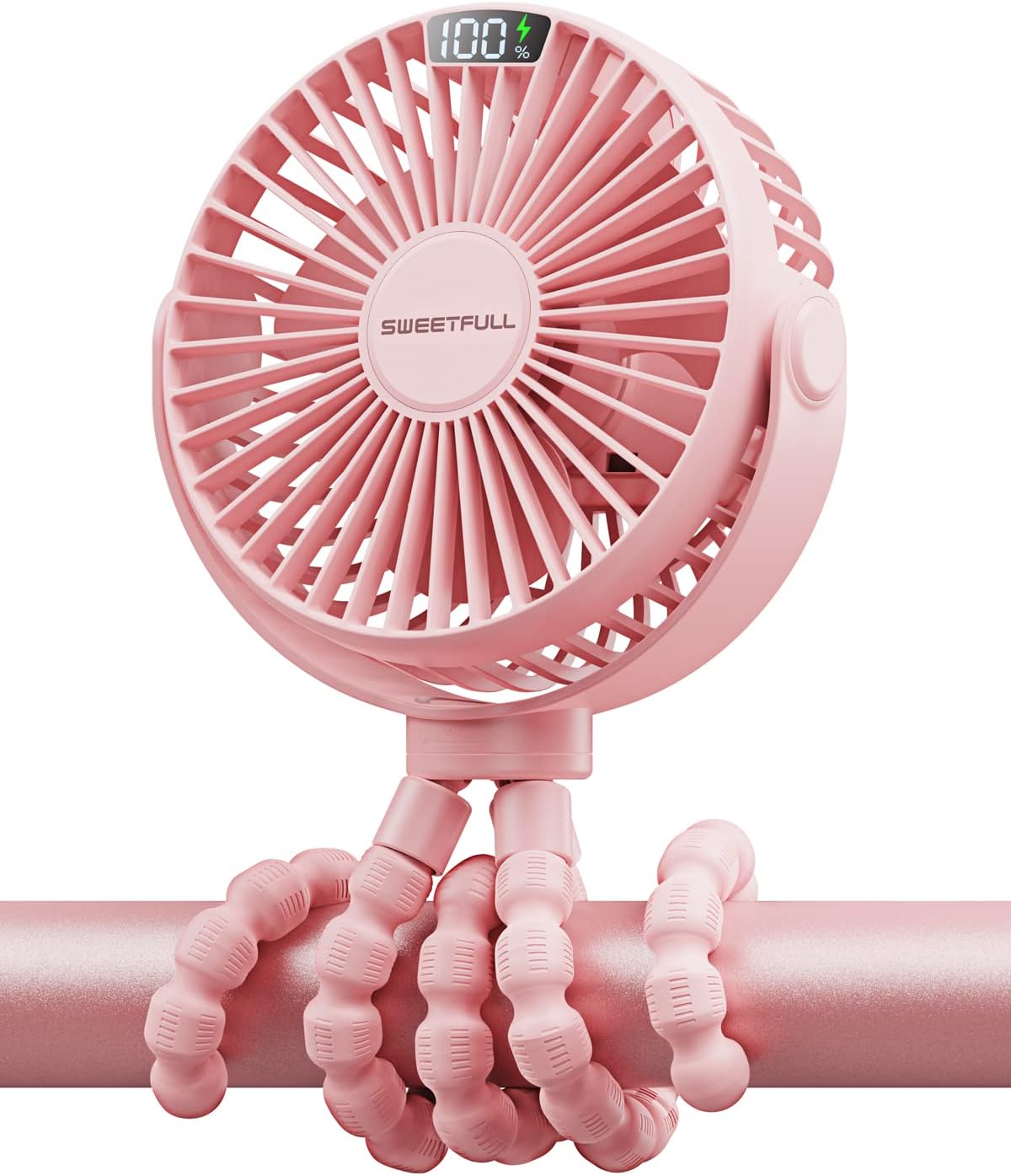 SWEETFULL Portable Stroller Fan, LED Display 6000mAh Battery Operated Mini Clip Fan, 4 Speed Rechargeable Small Personal Fan Handheld Desk Cooling Fan For Car Seat Crib Treadmill Travel(Pink)