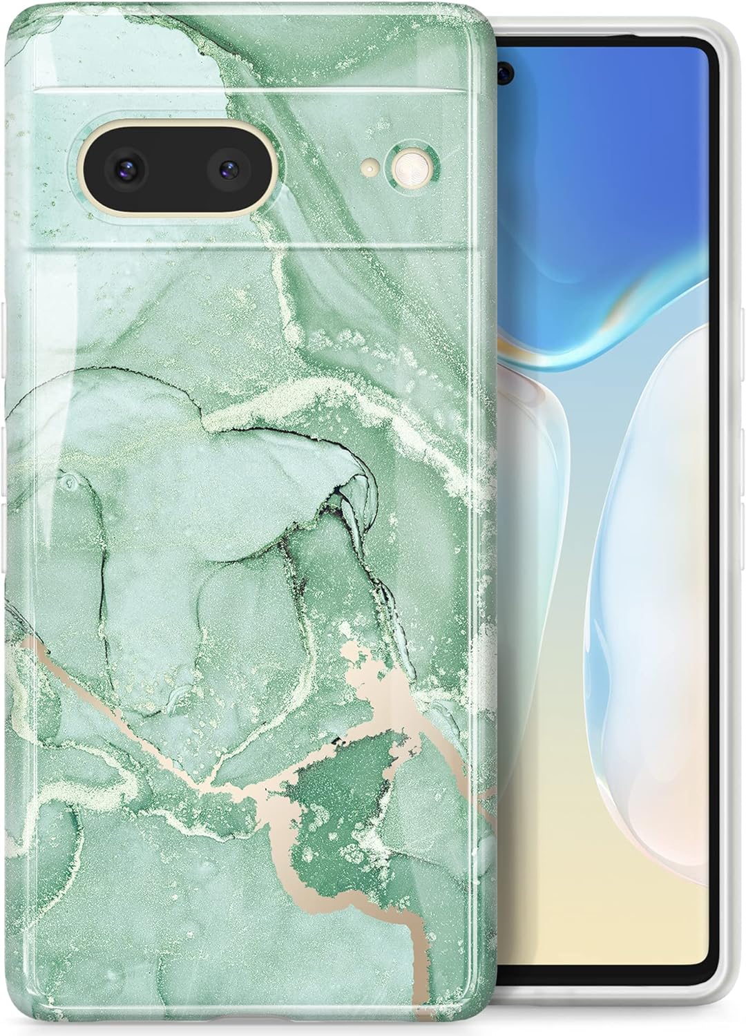 GVIEWIN Case Compatible with Google Pixel 7 Case 6.3 Inch, [10FT Military Grade Protection] Stylish Marble Cases Shockproof Slim Thin Flexible TPU Phone Cover for Women 2022 (Bamboo Green)