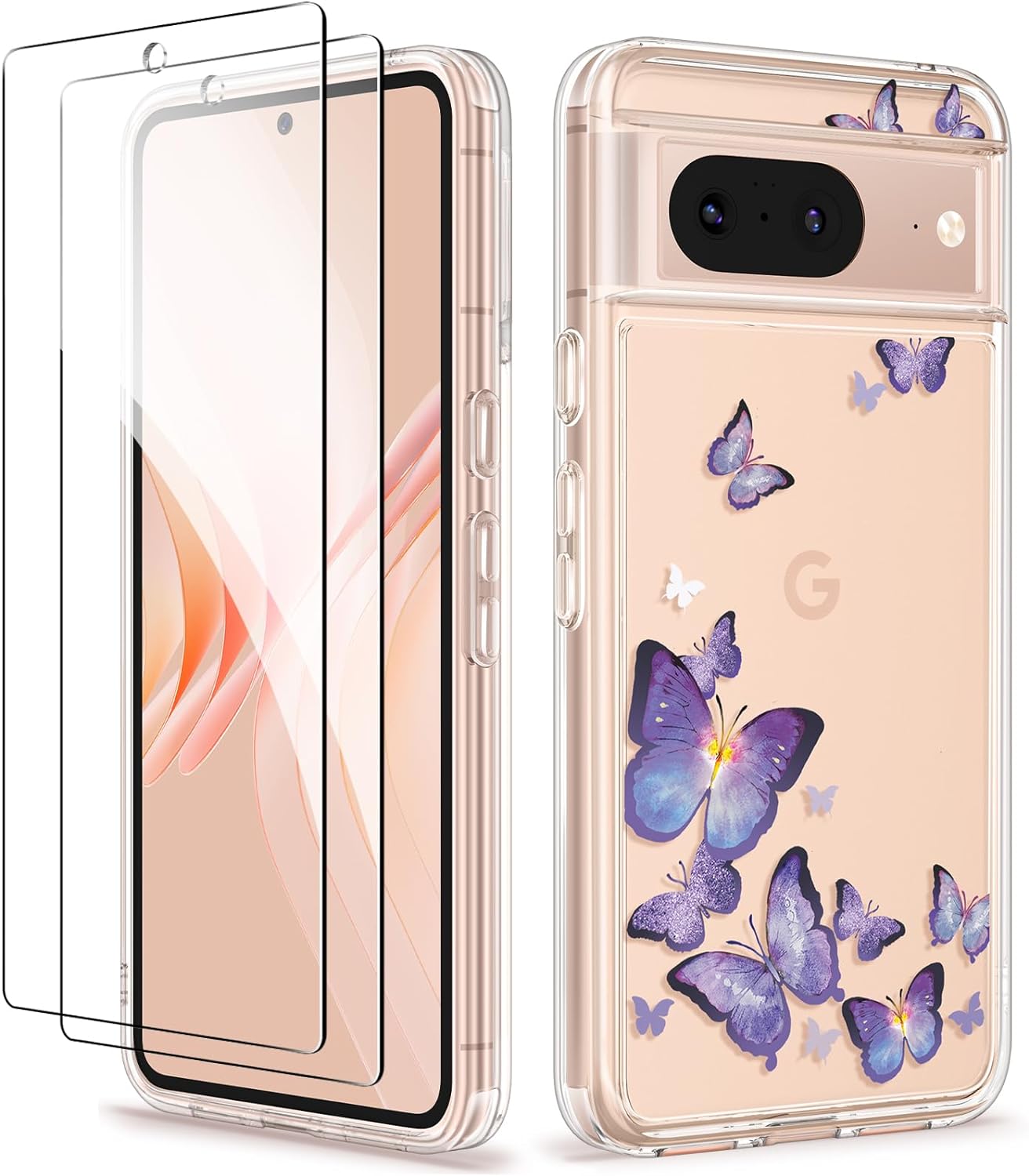 GVIEWIN Compatible with Google Pixel 8 Case with 2X Screen Protector, Clear Floral Slim Shockproof Protective Hard PC TPU Bumper Flower Women Phone Case Cover 6.2'' 2023 (Alluring Butterfly/Purple)