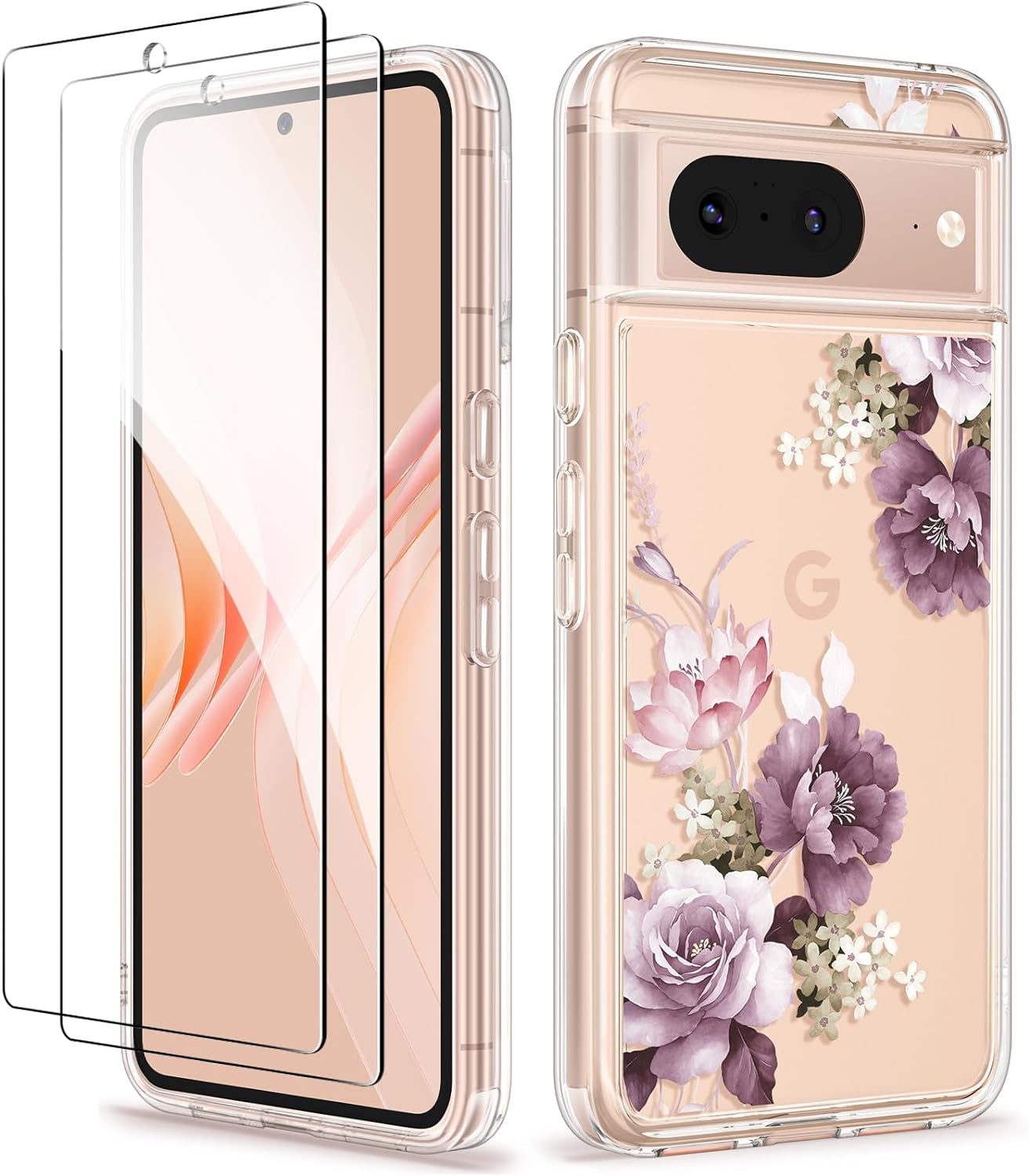 GVIEWIN Compatible with Google Pixel 8 Case with 2X Screen Protector, Clear Floral Slim Shockproof Protective Hard PC+TPU Bumper Flower Women Phone Case Cover 6.2'' 2023 (Cherry Blossoms/Purple)