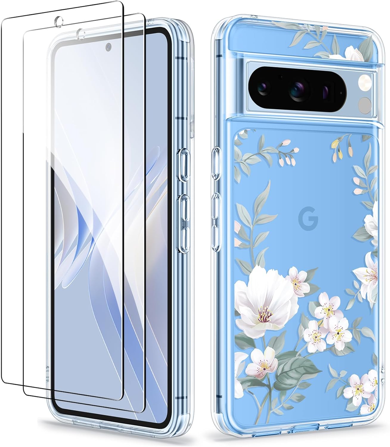 GVIEWIN Compatible with Google Pixel 8 Pro Case, with 2X Screen Protectors, [Not Yellowing + Military Grade Drop Tested] Clear Floral Slim Shockproof Protective Women Phone Case(Magnolia/White)