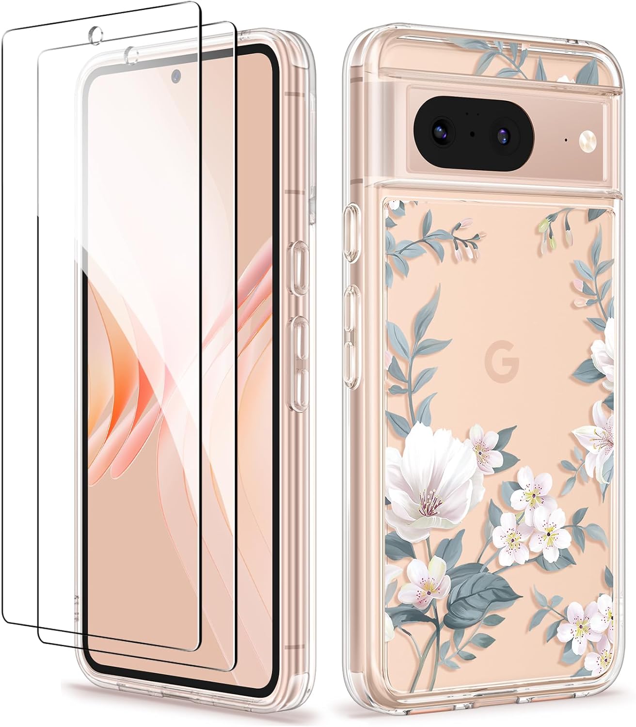 GVIEWIN Compatible with Google Pixel 8 Case with 2X Screen Protector, Clear Floral Slim Shockproof Protective Hard PC TPU Bumper Flower Women Phone Case Cover 6.2'' 2023 (Magnolia/White)