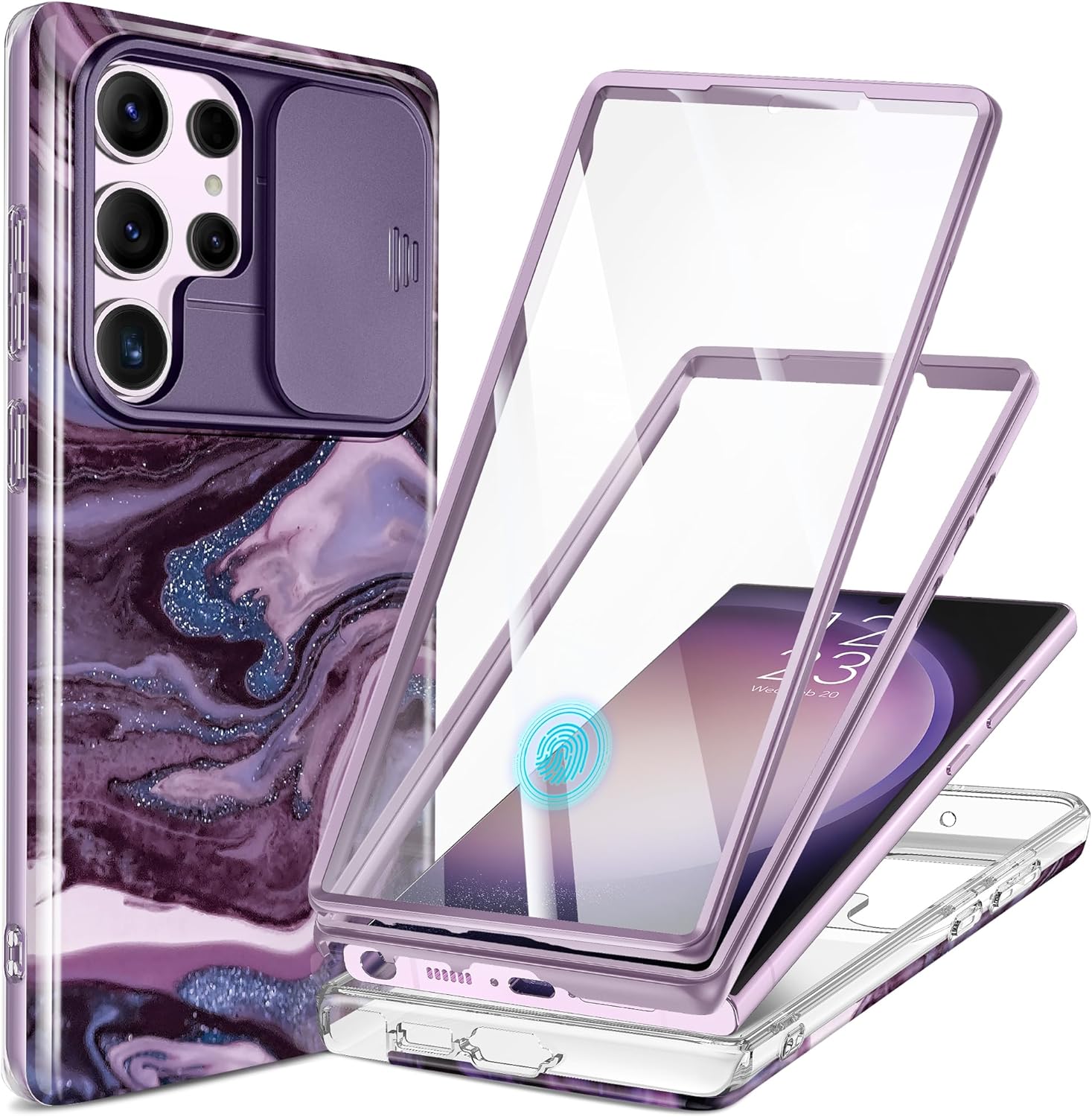 GVIEWIN for Samsung Galaxy S23 Ultra Case with Slide Camera Cover, [Built-in Screen Protector] [2 Front Frames] Military Grade Shockproof, Marble Protective Phone Case 6.8, Quicksand/Purple