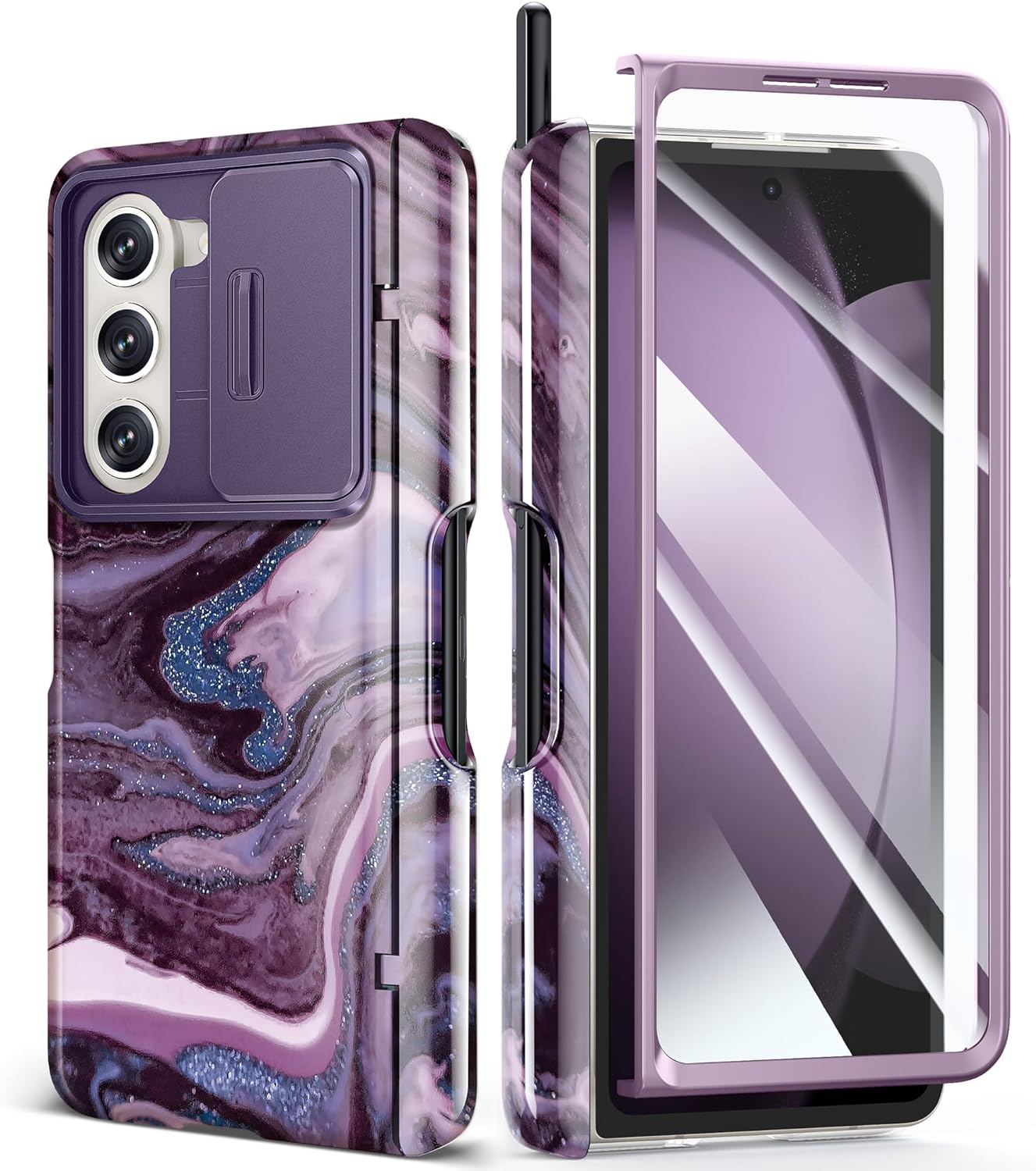 GVIEWIN Marble for Samsung Galaxy Z Fold 5 Case, with Built-in S Pen Slot, Slide Camera Lens Cover, Screen Protector, Hinge Protection, Full Body Protection Phone Case 2023 (Quicksand/Purple)