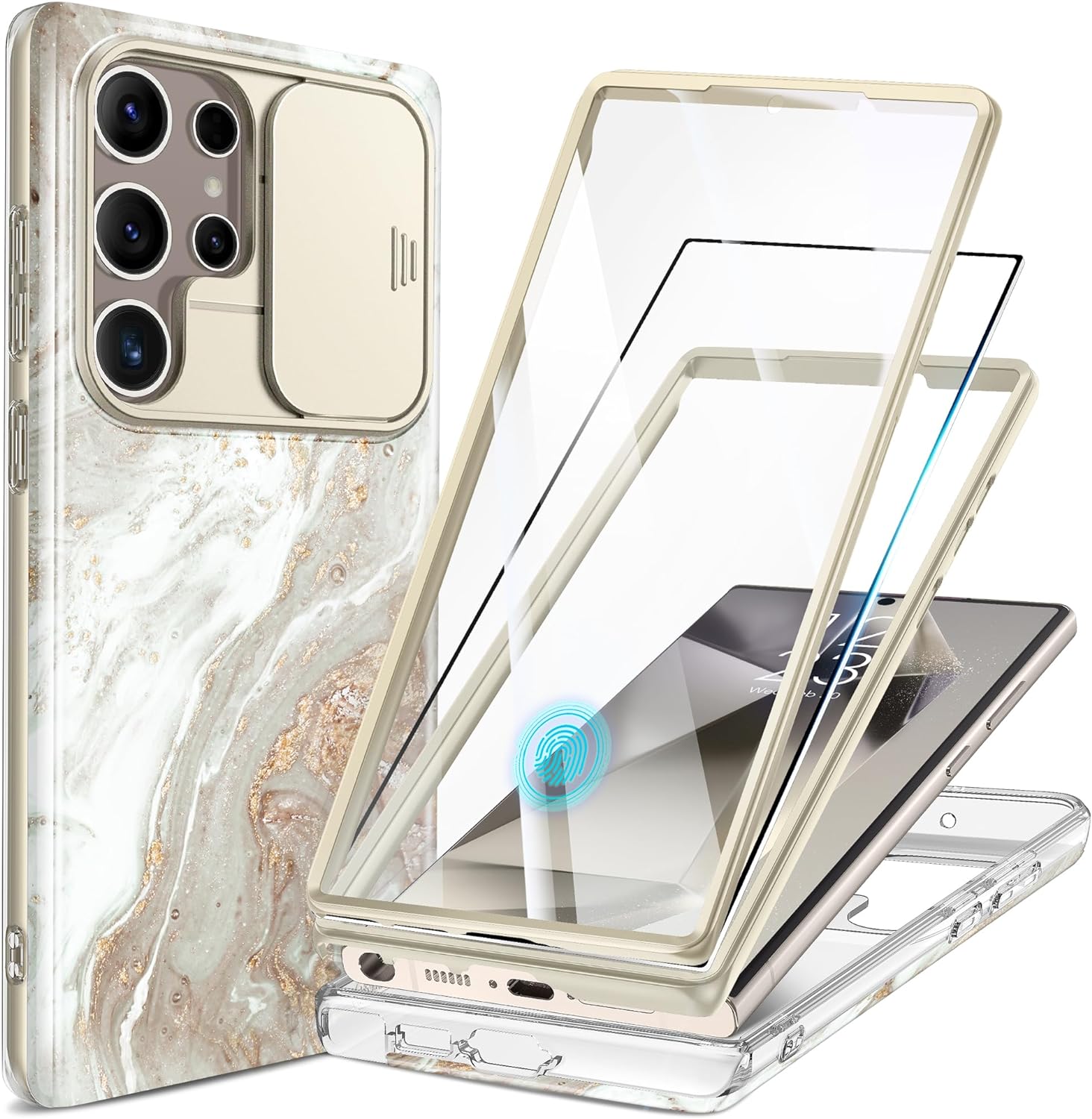 GVIEWIN for Samsung Galaxy S24 Ultra Case, [Slide Camera Cover & Built-in Screen Protector] [2 Front Frame] Military Grade Shockproof Marble Phone Case Cover 6.8 (Pearlescent/Gold)