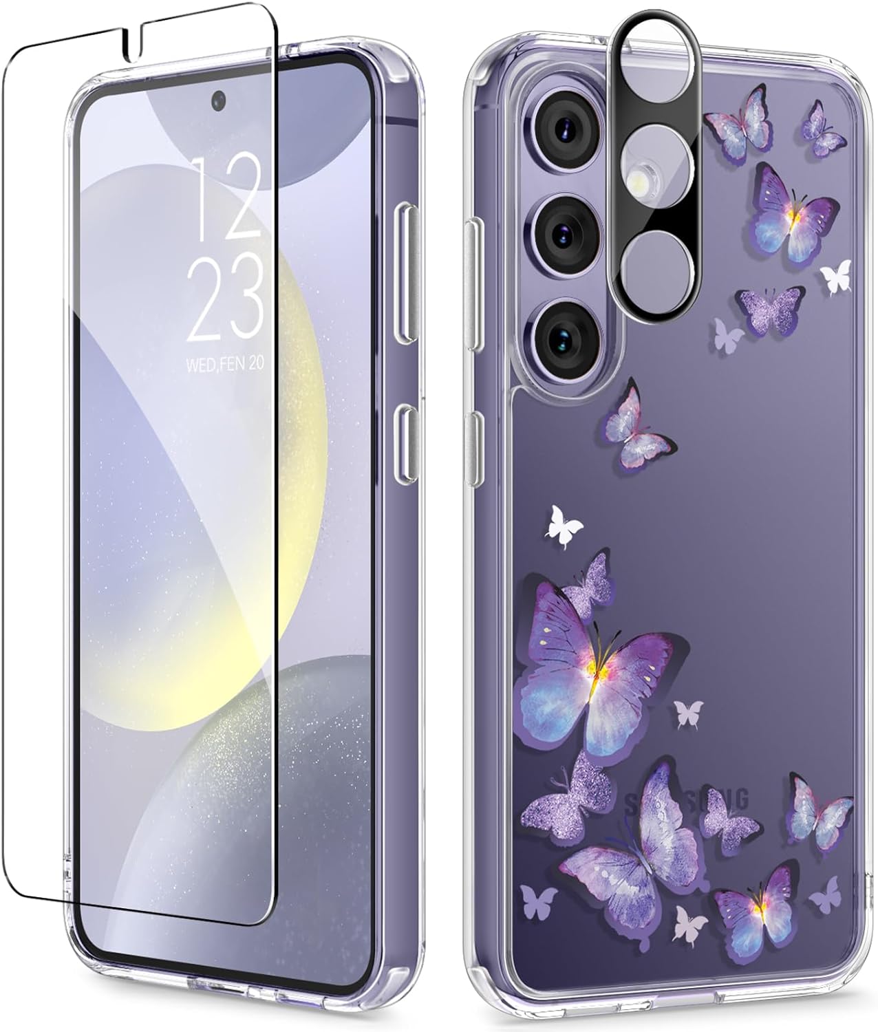 GVIEWIN Compatible with Samsung Galaxy S24 Plus Case with Screen Protector Camera Lens Protector, Clear Stylish Floral Pattern Slim Protective Cover for Women 6.7 (Alluring Butterfly/Purple)