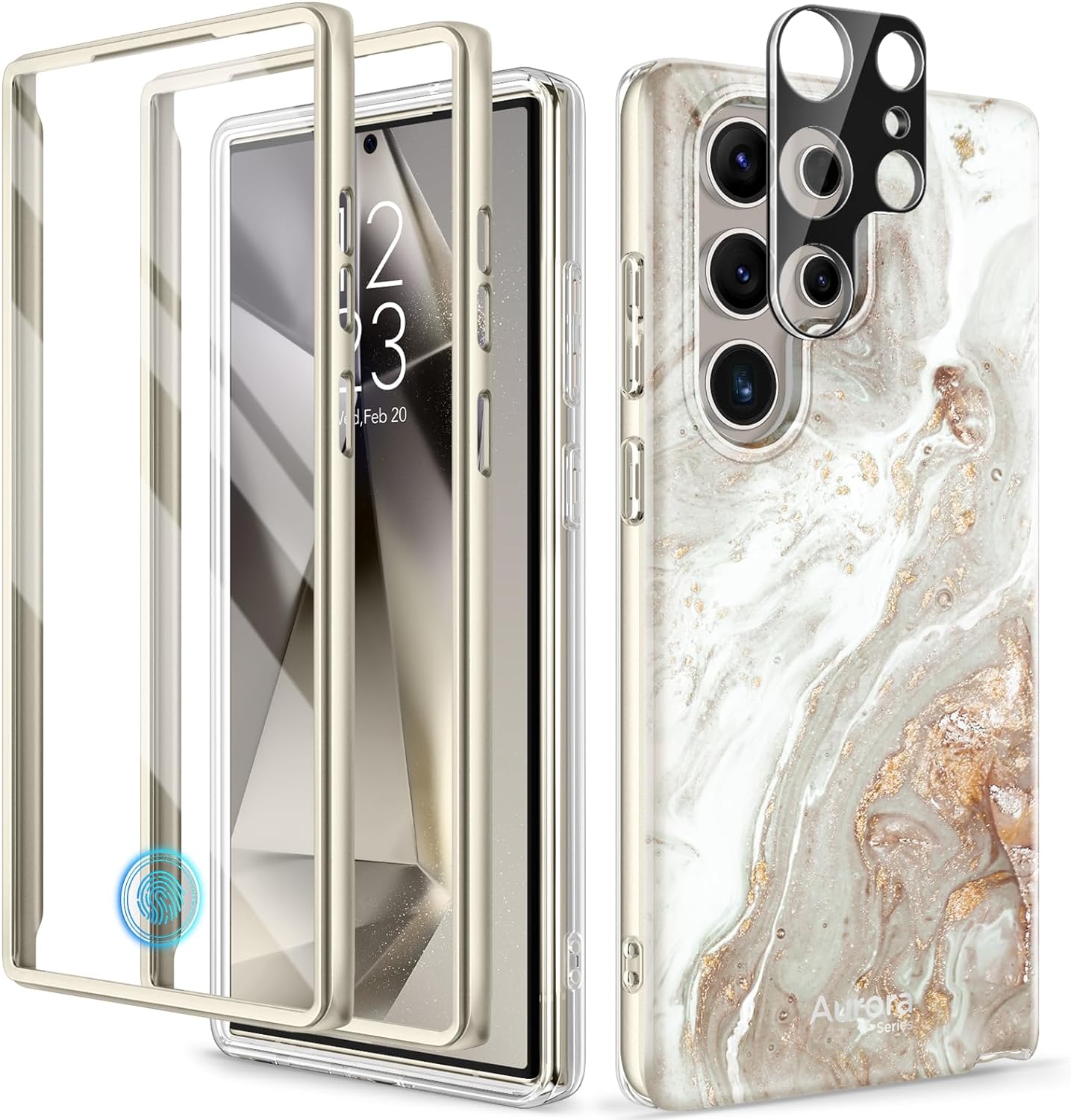 GVIEWIN Designed for Samsung Galaxy S24 Ultra Case, [Built-in Screen Protector + Camera Lens Protector ][2 Front Frames] Military Grade Drop Protective, Stylish Marble Phone Cover(Pearlescent/Gold)