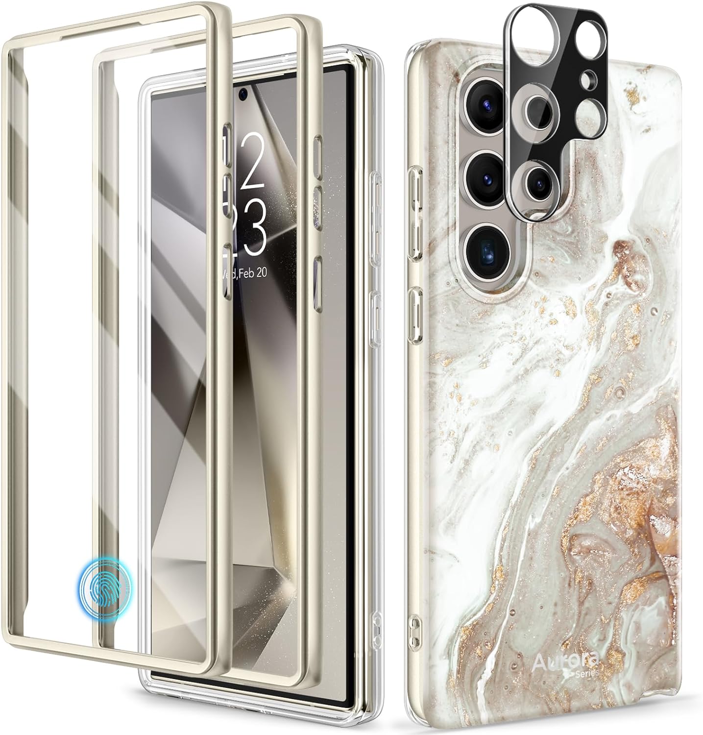 GVIEWIN Designed for Samsung Galaxy S24 Ultra Case, [Built-in Screen Protector   Camera Lens Protector ][2 Front Frames] Military Grade Drop Protective, Stylish Marble Phone Cover(Pearlescent/Gold)