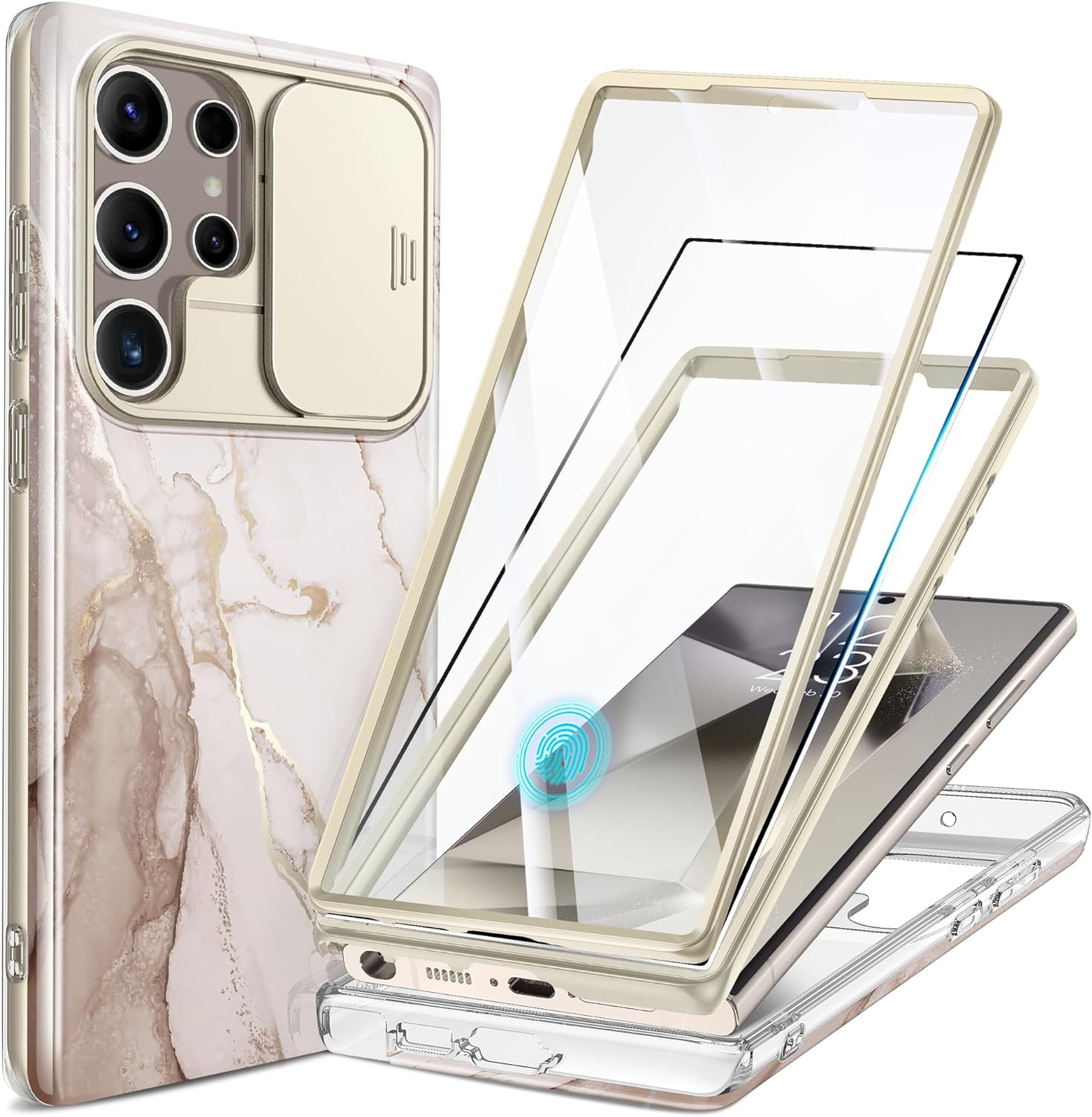 GVIEWIN for Samsung Galaxy S24 Ultra Case, [Slide Camera Cover & Built-in Screen Protector] [2 Front Frame] Military Grade Shockproof Marble Phone Case Cover 6.8 (Shweta/Beige)