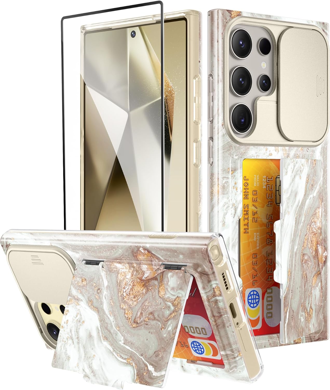 GVIEWIN Designed for Samsung Galaxy S24 Ultra Case with Slide Camera Cover, [Card Holder(3 Cards)] [Screen Protector] Marble Shockproof Protective Kickstand Phone Case 5G 6.8 (Pearlescent/Gold)