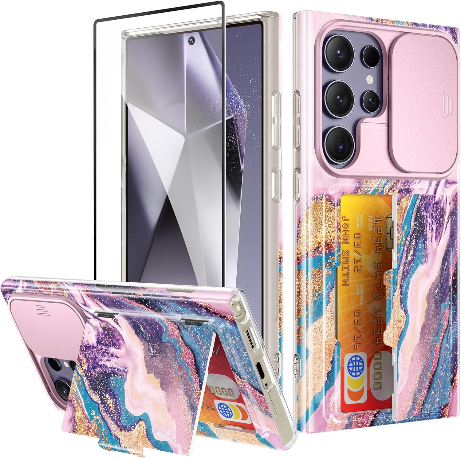 GVIEWIN Designed for Samsung Galaxy S24 Ultra Case with Slide Camera Cover, [Card Holder(3 Cards)] [Screen Protector] Marble Shockproof Protective Kickstand Phone Case 5G 6.8 (Dreamland River/Purple)