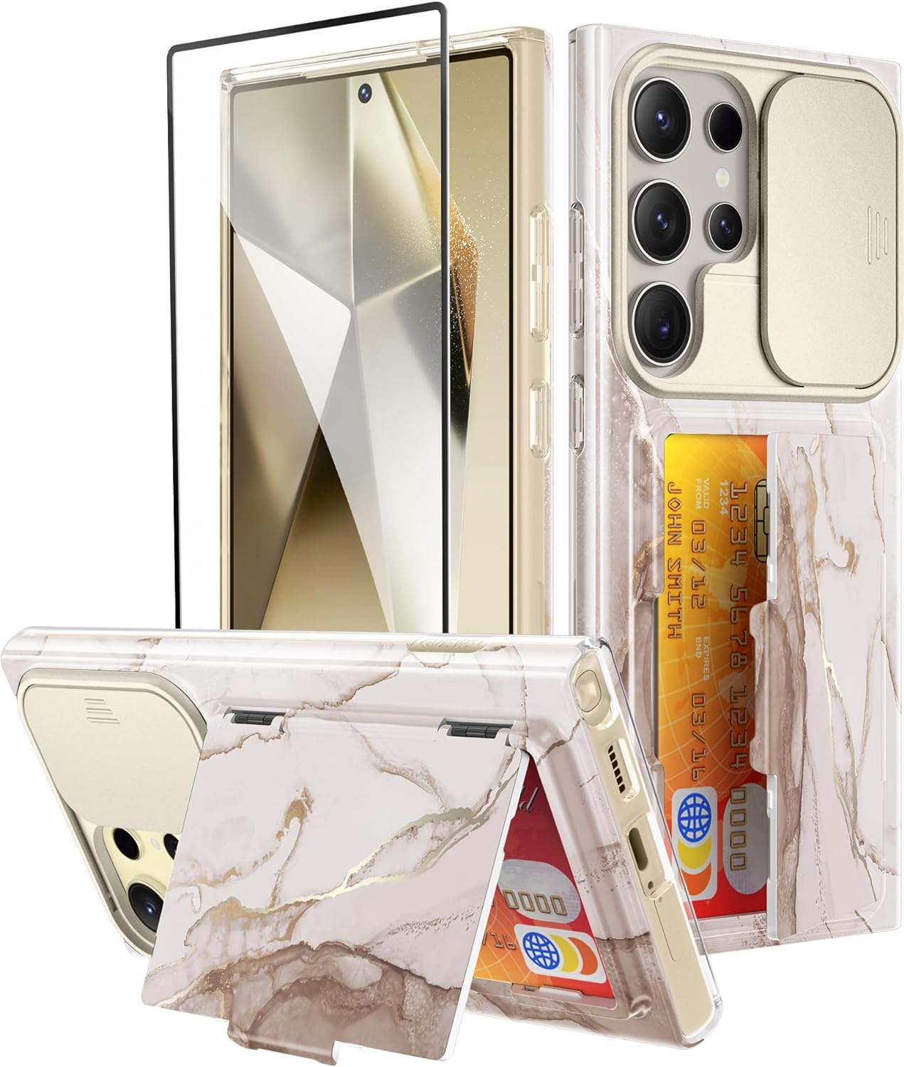 GVIEWIN Designed for Samsung Galaxy S24 Ultra Case with Slide Camera Cover, [Card Holder(3 Cards)] [Screen Protector] Marble Shockproof Protective Kickstand Phone Case 5G 6.8 (Shweta/Beige)