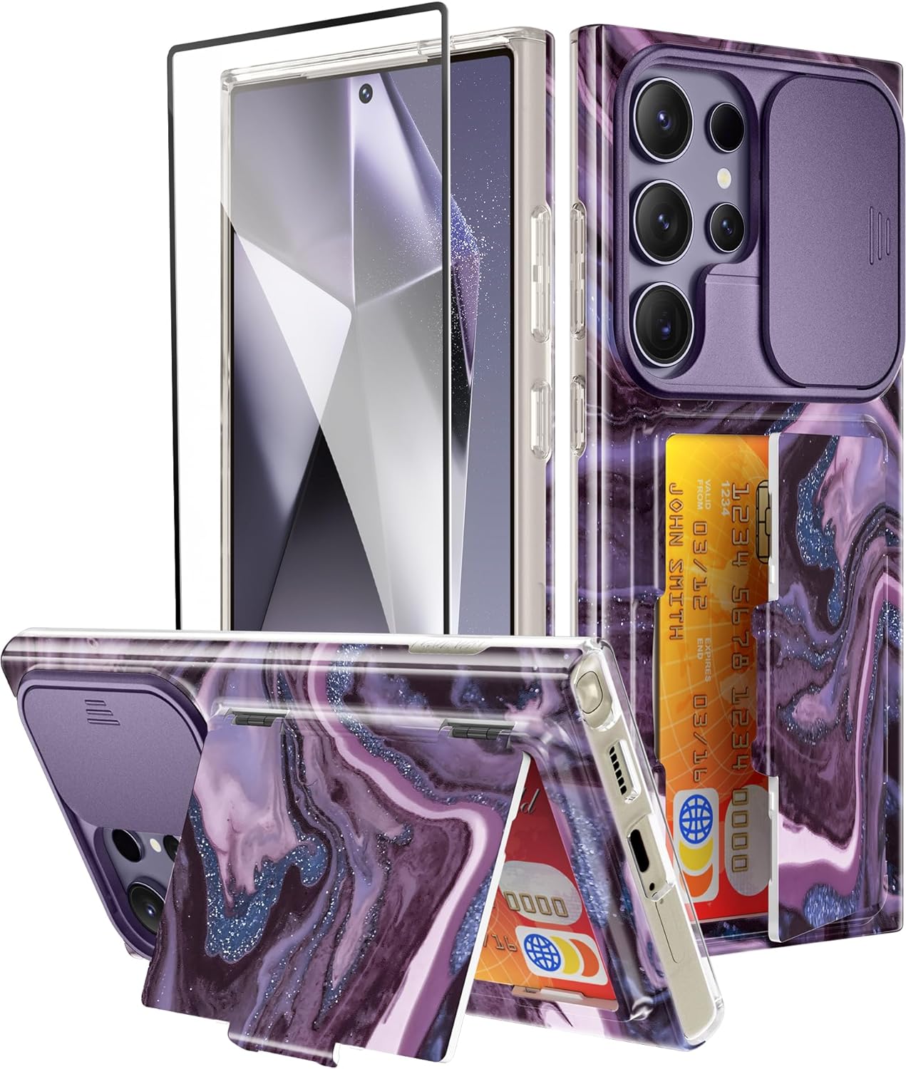 GVIEWIN Designed for Samsung Galaxy S24 Ultra Case with Slide Camera Cover, [Card Holder(3 Cards)] [Screen Protector] Marble Shockproof Protective Kickstand Phone Case 5G 6.8 (Quicksand/Purple)