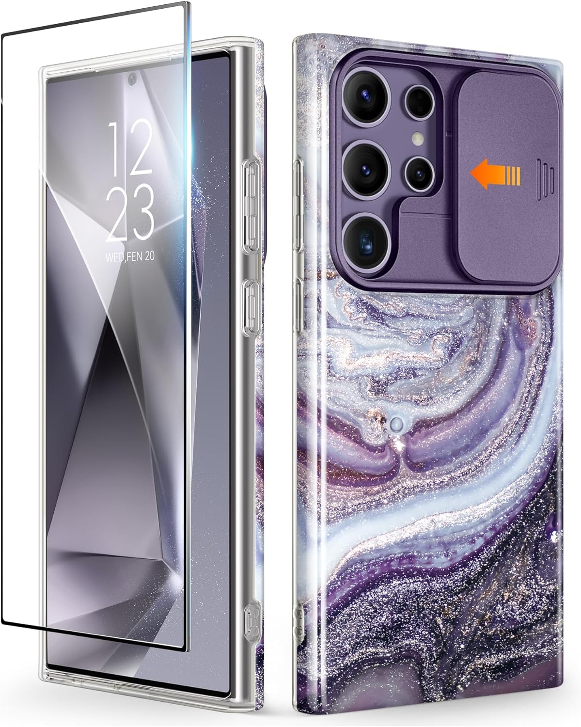 GVIEWIN Compatible with Samsung Galaxy S24 Ultra Case with Slide Camera Cover+Screen Protector, [Military Grade Shockproof] Marble Protective Phone Case for S24 Ultra 5G 6.8 (Milky Way/Purple)