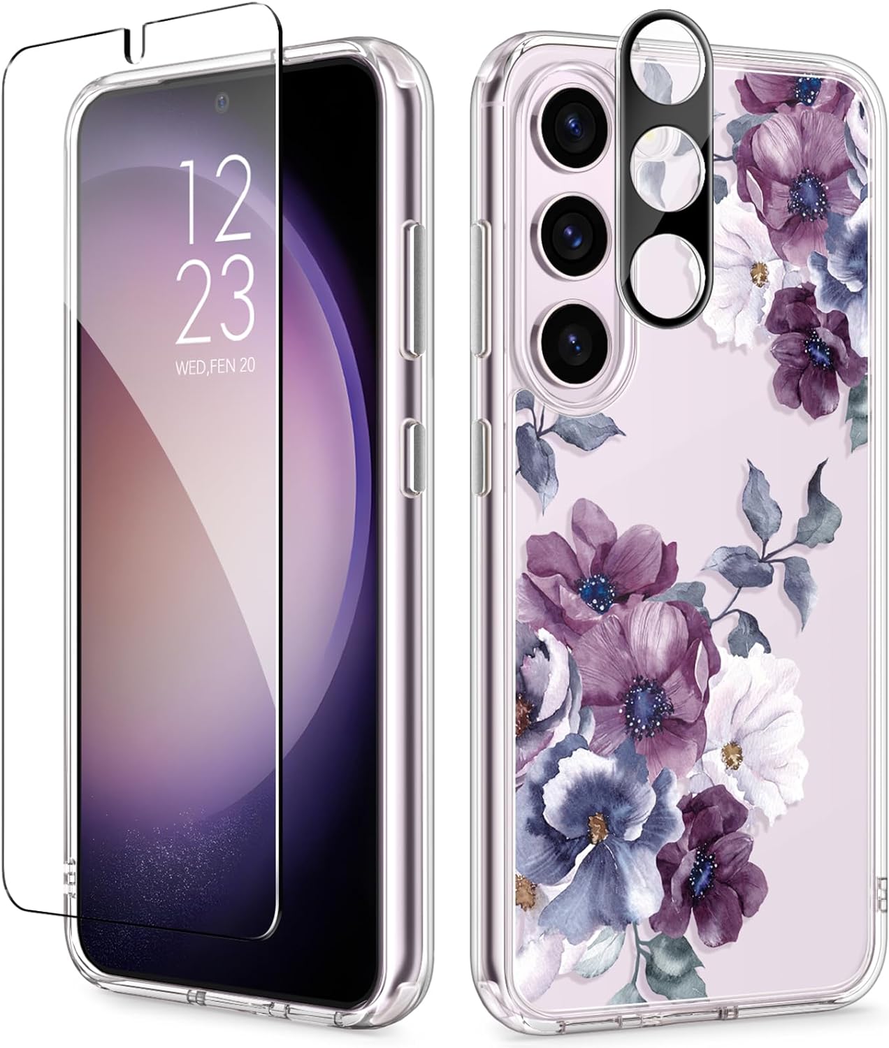 GVIEWIN for Samsung Galaxy S23 Case, [3 in 1] with Screen Protector & Camera Lens Protector Clear Floral Shockproof Hard PC Back & Soft Bumper Women Phone Case Cover 2023 6.1 (Morning Glory/Purple)