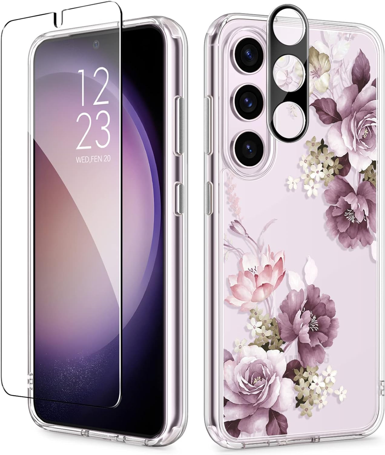 GVIEWIN for Samsung Galaxy S23 Case, [3 in 1] with Screen Protector & Camera Lens Protector Clear Floral Shockproof Hard PC Back & Soft Bumper Women Phone Case Cover 2023 6.1 (Cherry Blossoms/Purple)