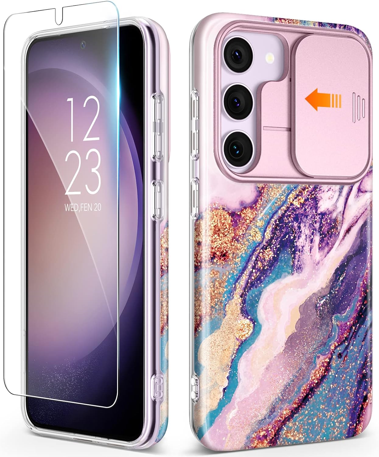 GVIEWIN Designed for Samsung Galaxy S23 Plus Case with Slide Camera Cover   Screen Protector, [10FT Military Shockproof] Marble Slim Protective Phone Case, 5G 6.6-Inch 2023 (Dreamland River/Purple)