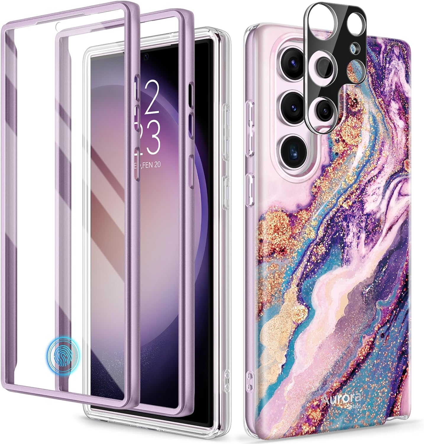 GVIEWIN for Samsung Galaxy S23 Ultra Case 5G 6.8, [Built-in Screen Protector + Camera Lens Protector ][2 Front Frames] Military Grade Shockproof, Marble Protective Phone Cover(Dreamland River/Purple)