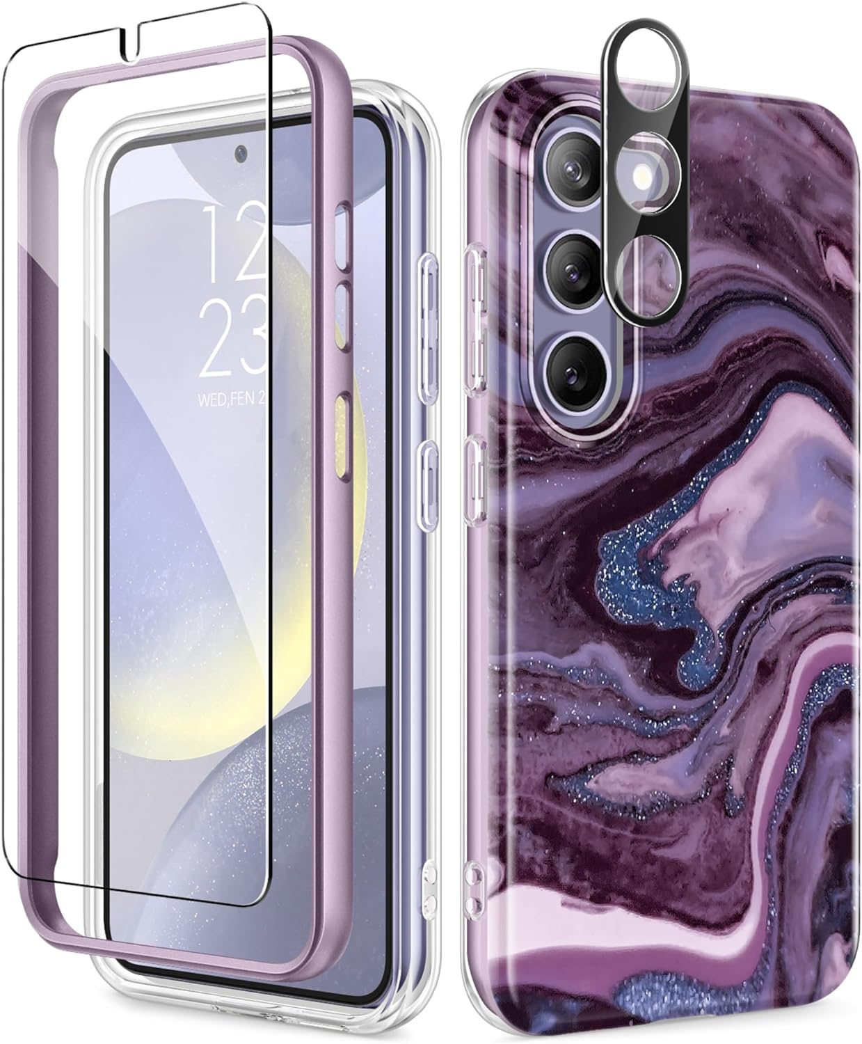 GVIEWIN for Samsung Galaxy S24 Case with Screen Protector & Camera Lens Protector, [Military Grade Drop Test] Full Body Protection Rugged Marble Phone Cover Women 6.2 (Quicksand/Purple)
