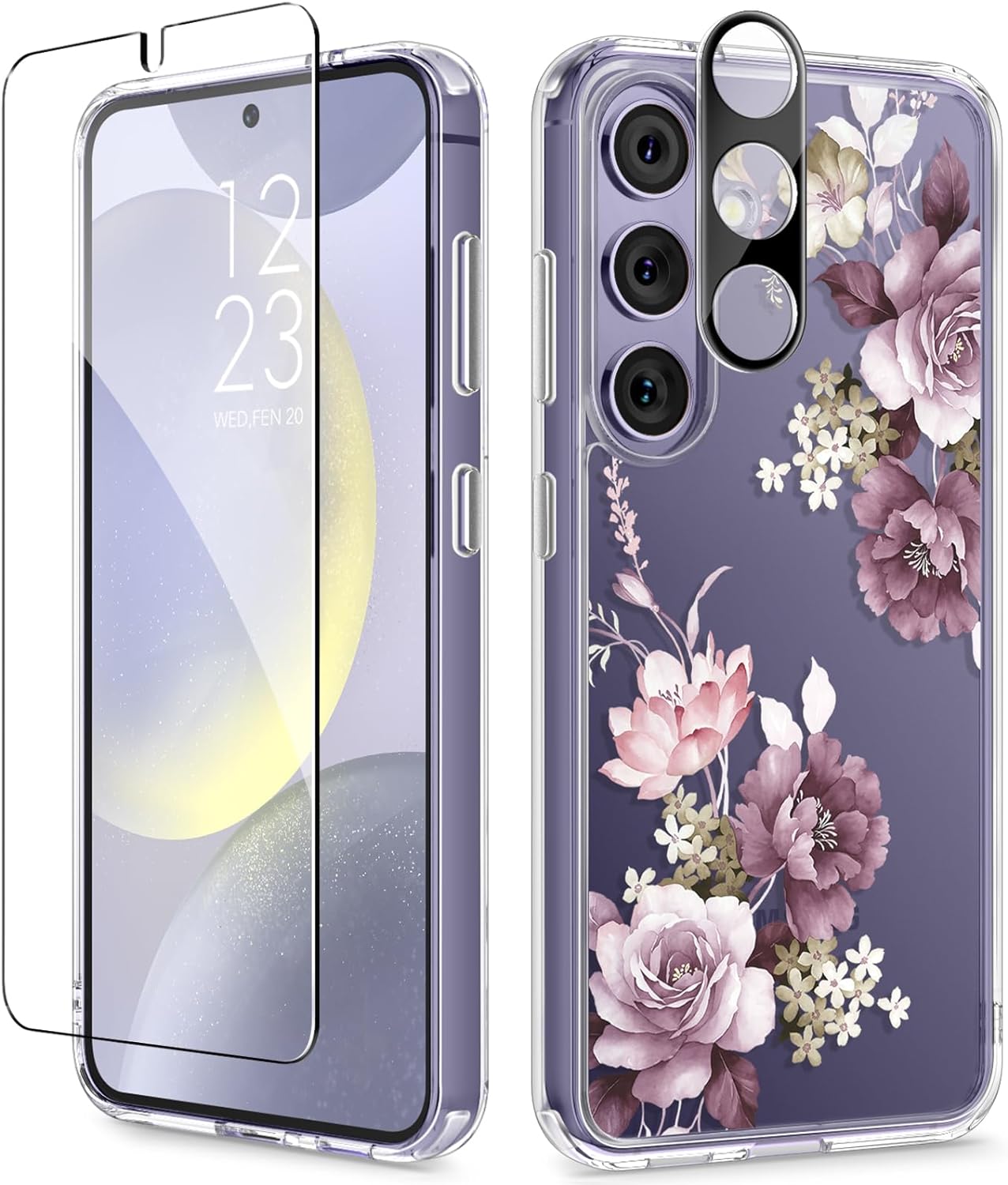 GVIEWIN Compatible with Samsung Galaxy S24 Case Floral, with Screen Protector & Camera Lens Protector, Hard PC+TPU Bumper Clear Shockproof Protective Women Phone Cover 6.2 (Cherry Blossoms/Purple)