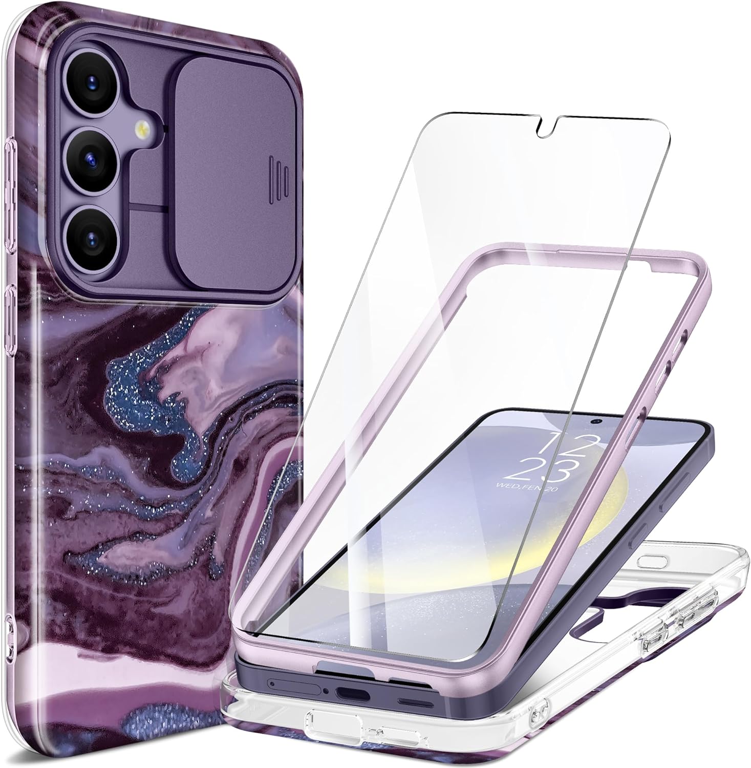 GVIEWIN Compatible with Samsung Galaxy S24 Case with Slide Camera Cover + Screen Protector,[Military Grade Drop Tested][Full-Body Protection]Marble Shockproof Protective Phone Case (Quicksand/Purple)