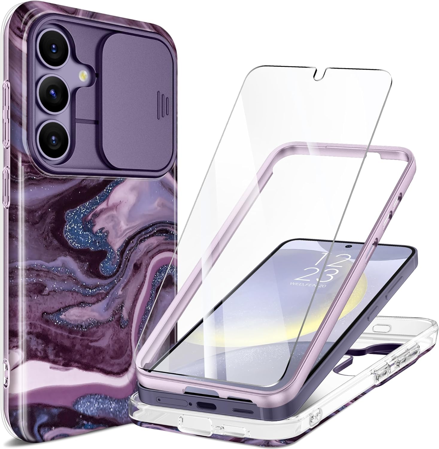 GVIEWIN Compatible with Samsung Galaxy S24 Plus Case with Slide Camera Cover & Screen Protector, [10FT Drop Protection] Full Body Shockproof Protection Women Men Marble Cover 6.7, Quicksand/Purple